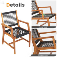 Tangkula 3 Pieces Acacia Wood Outdoor Furniture Set, All-Weather Rope Woven Bistro Set with Armchairs and Coffee Table