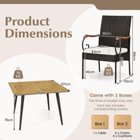 Tangkula Ensemble de salle à manger d'extérieur 5 pièces en rotin synthétique, table à manger carrée en bois d'acacia de 108 cm et chaises avec coussins