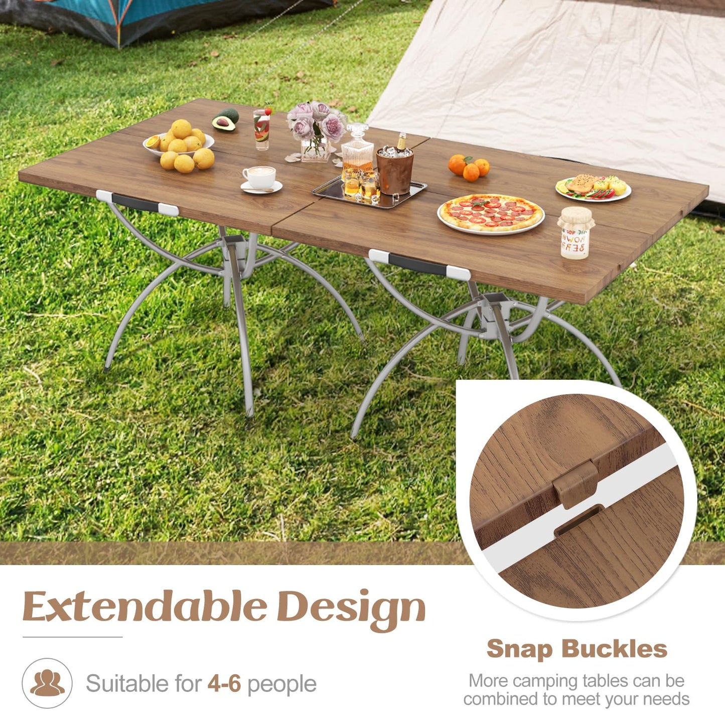 Tangkula 24"x24" Folding Camping Table Set of 2, Extendable Lightweight Camp Table with Wood-Grain Tabletop