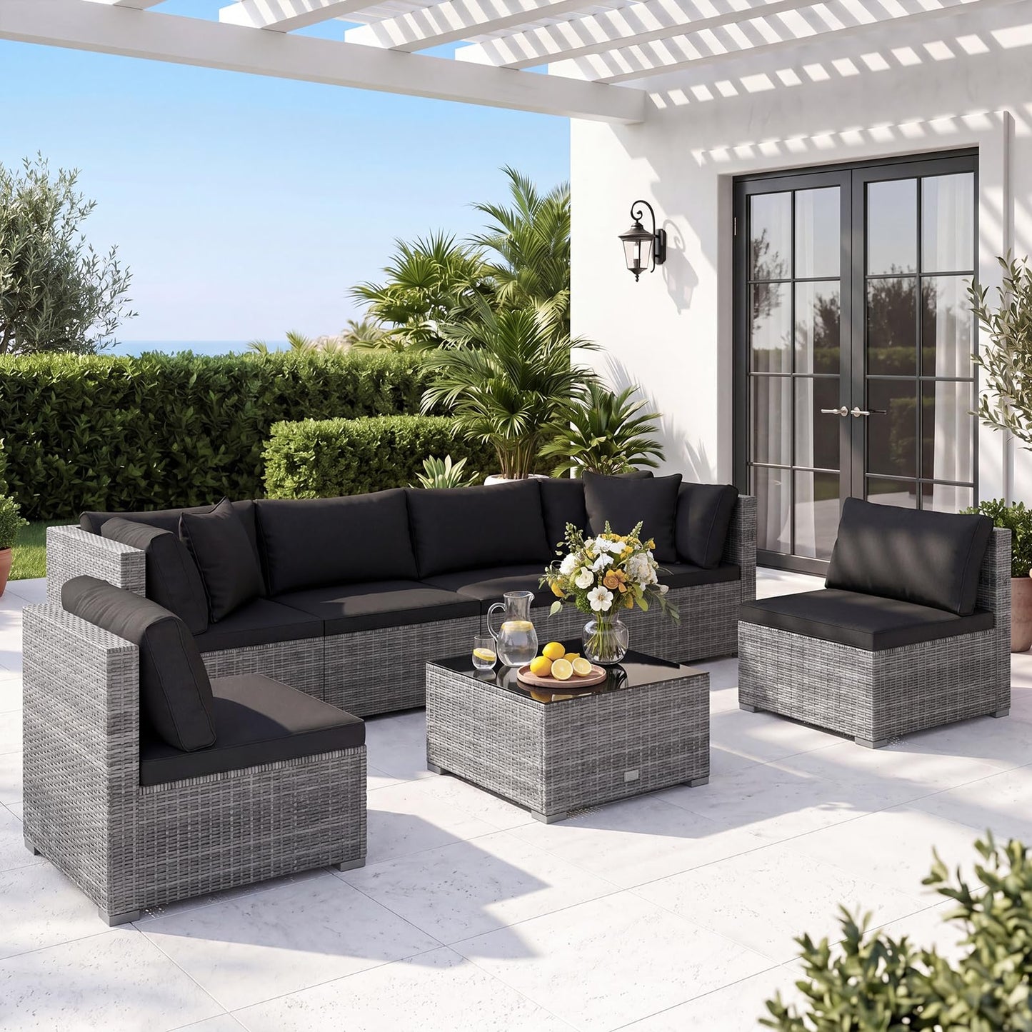 Tangkula 7 Pieces Wicker Sectional Patio Furniture Set | PE Rattan Sofas with Tempered Glass Coffee Table