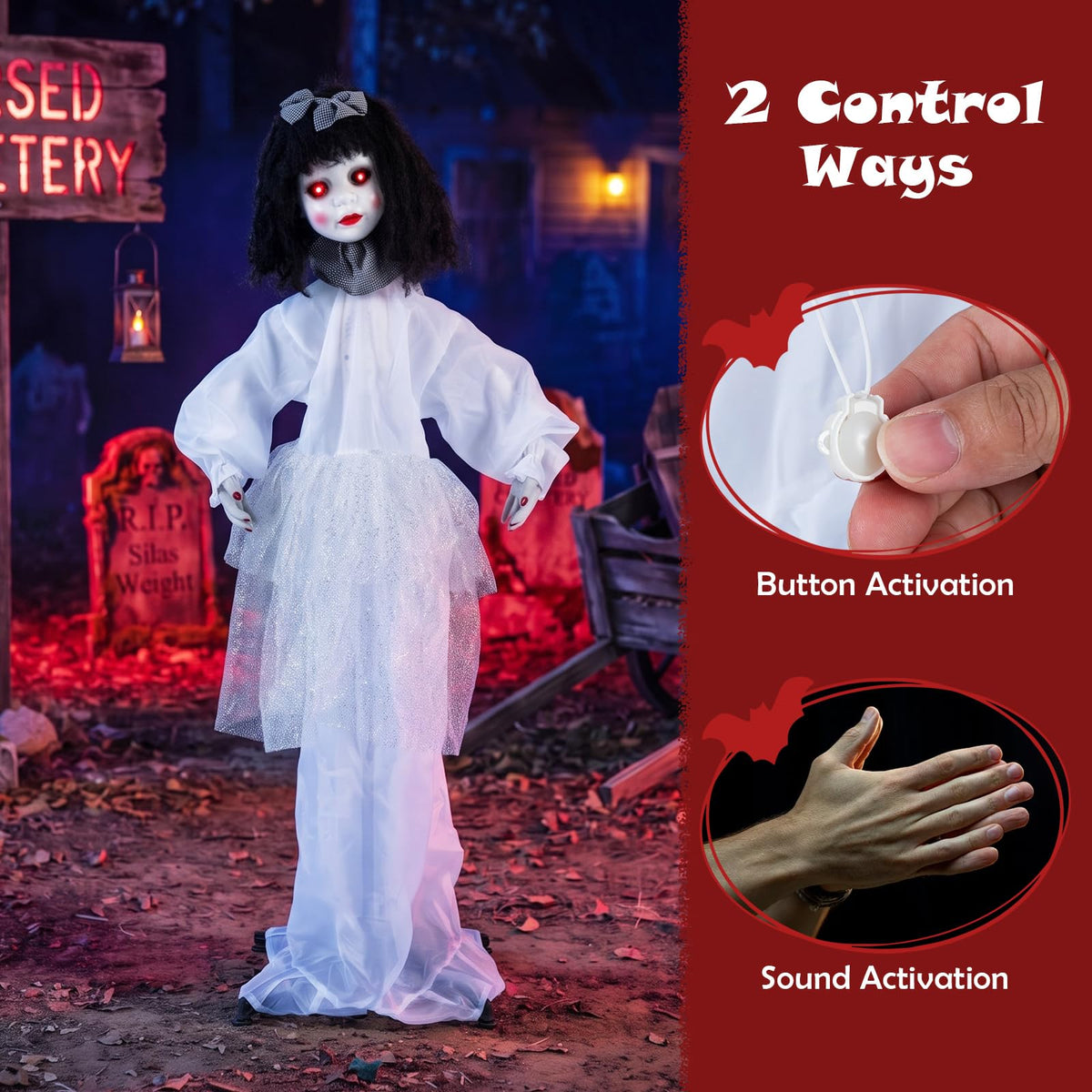 Tangkula 4 FT Animated Halloween Doll Girl with Shaking Head & Posable Arms
