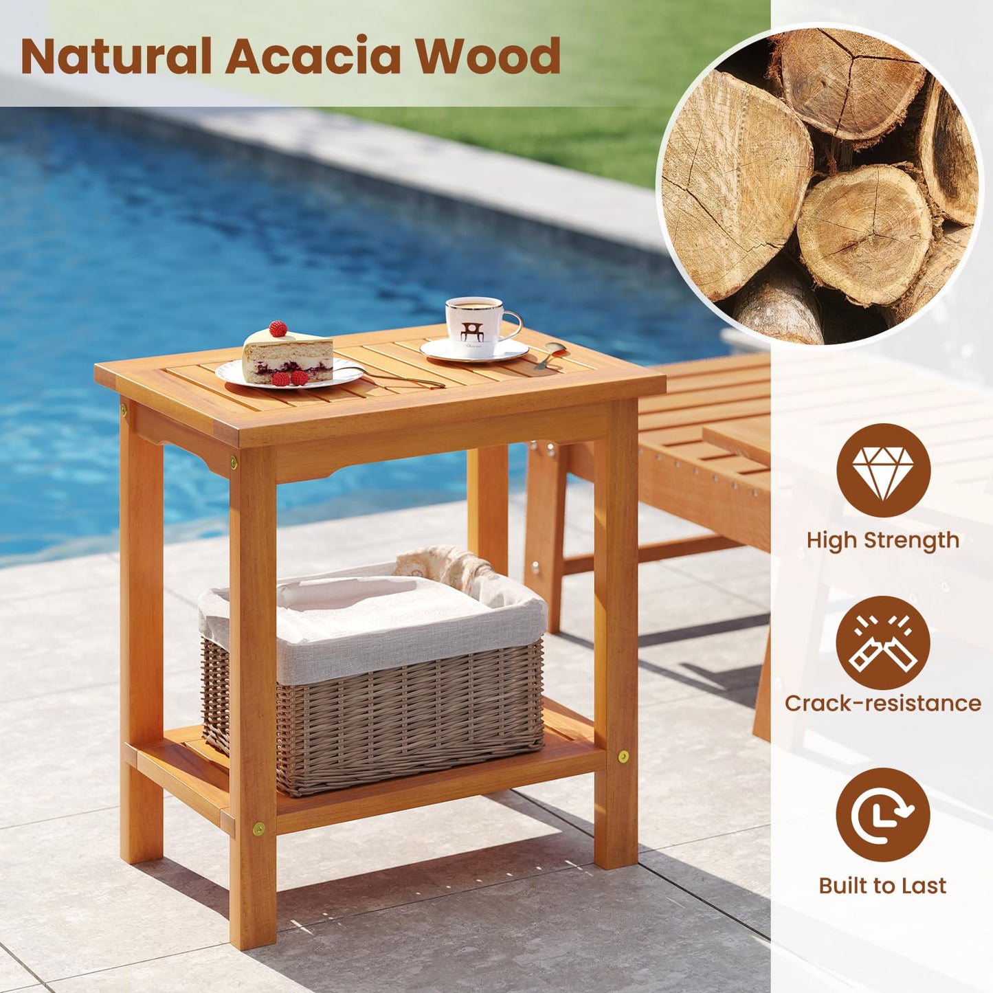 Tangkula Table d'appoint d'extérieur, table de patio à 2 niveaux avec plateau à lattes et étagère de rangement