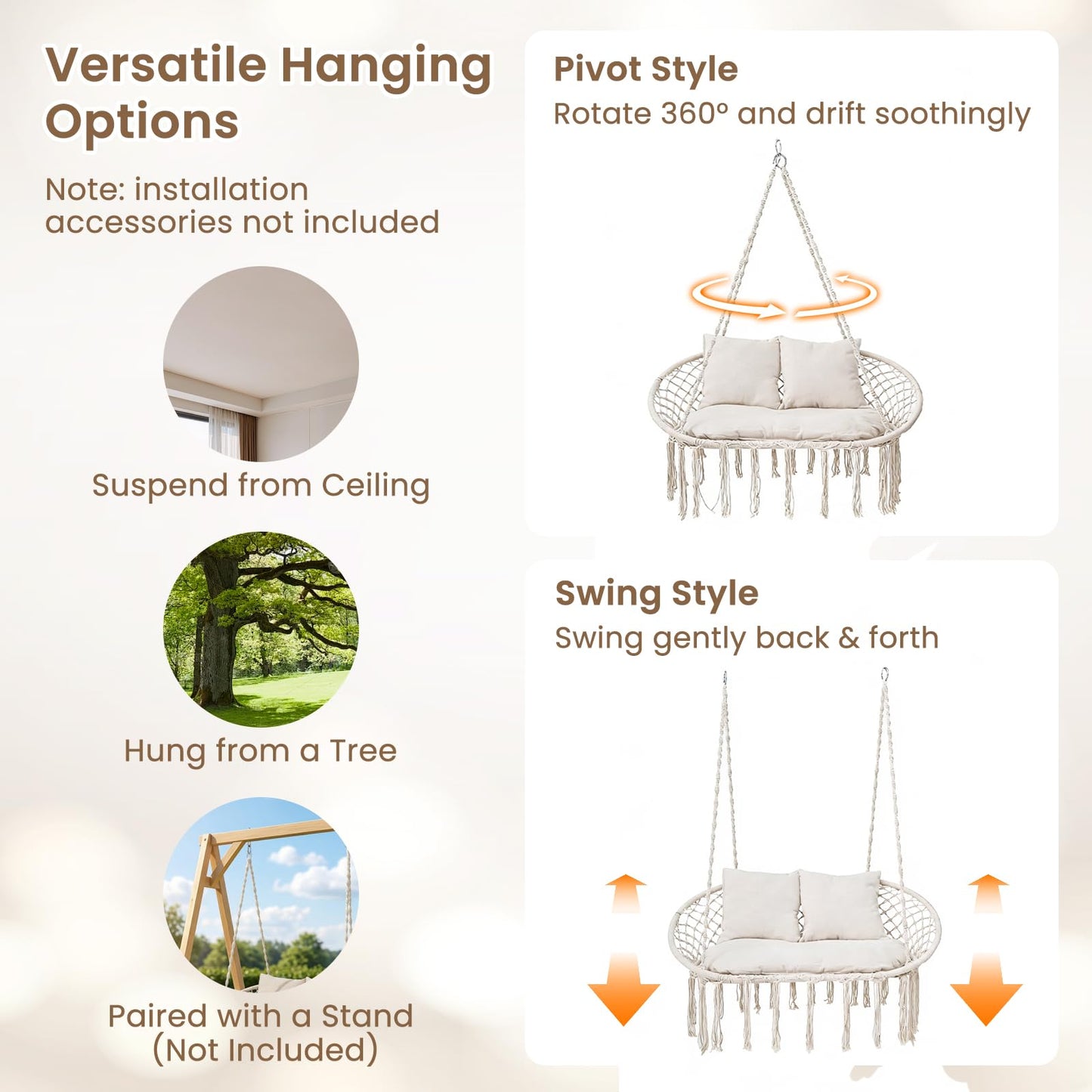 Tangkula 2-Person Hanging Hammock Chair with Cushions