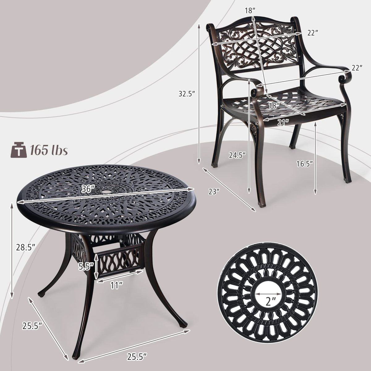 Tangkula Ensemble de bistrot 3 pièces en fonte d'aluminium pour patio, meubles de table et chaises d'extérieur pour porche et balcon