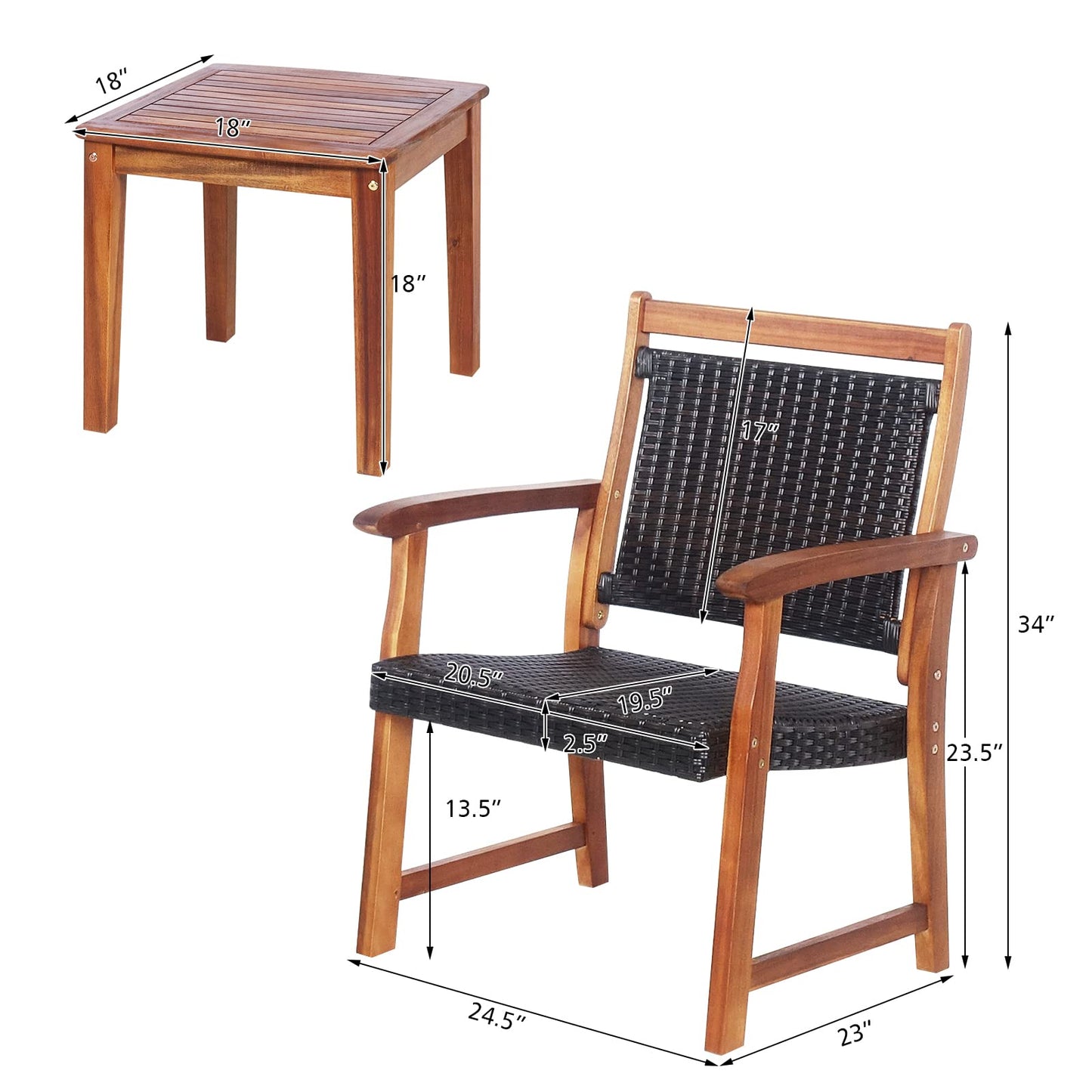 3-Piece Patio Acacia Wood Bistro Set, Patiojoy Outdoor Furniture Set with 2 Chairs & 1 Side Table
