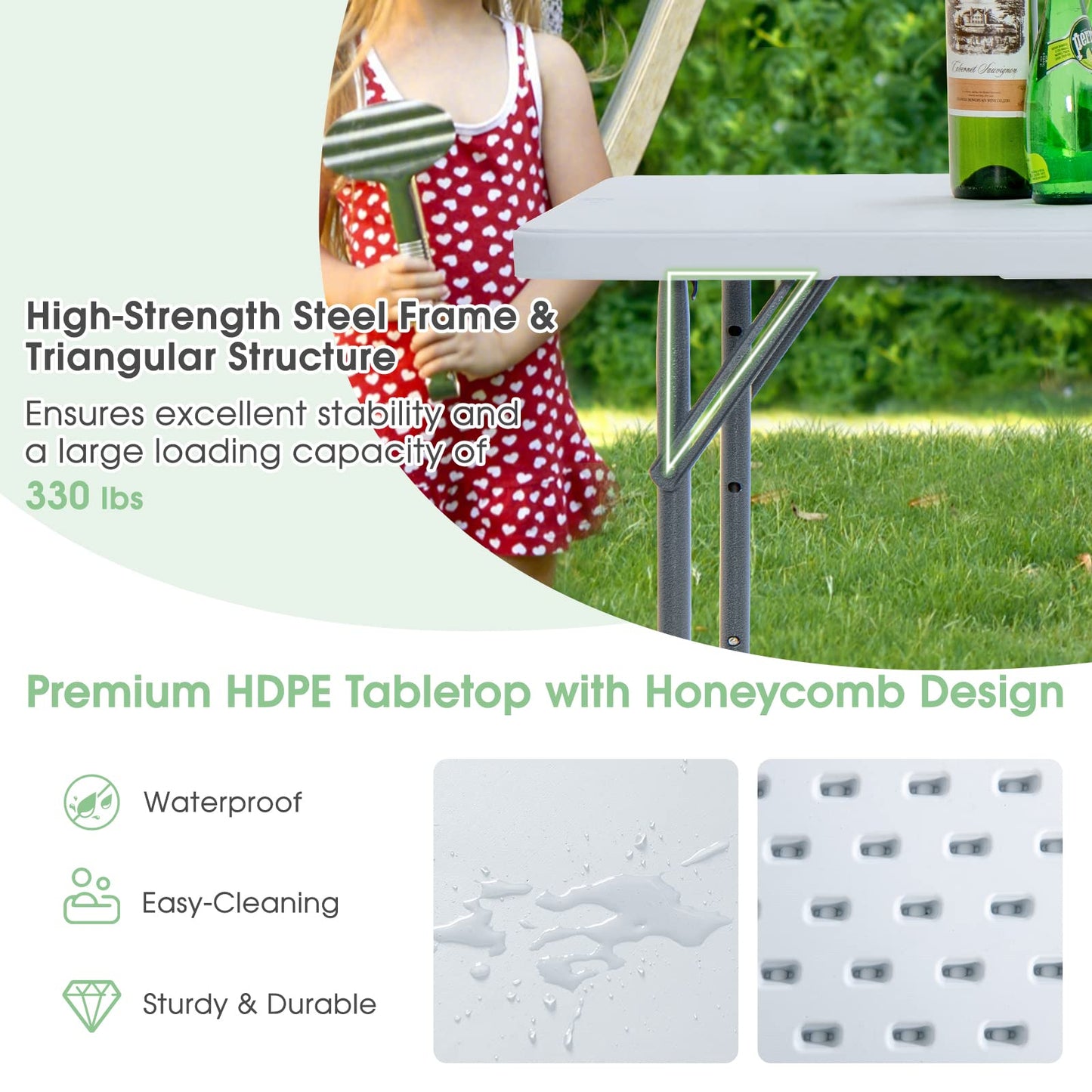 Tangkula 4 ft Folding Table, Portable Picnic Table with 3 Adjustable Height