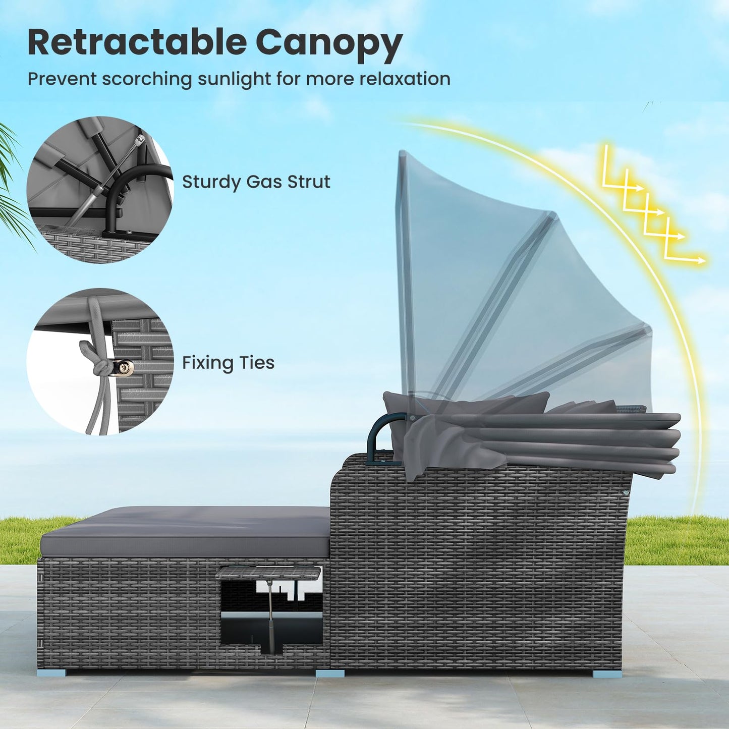Tangkula Patio Rattan Daybed with Retractable Canopy and Side Tables-Mix Gray