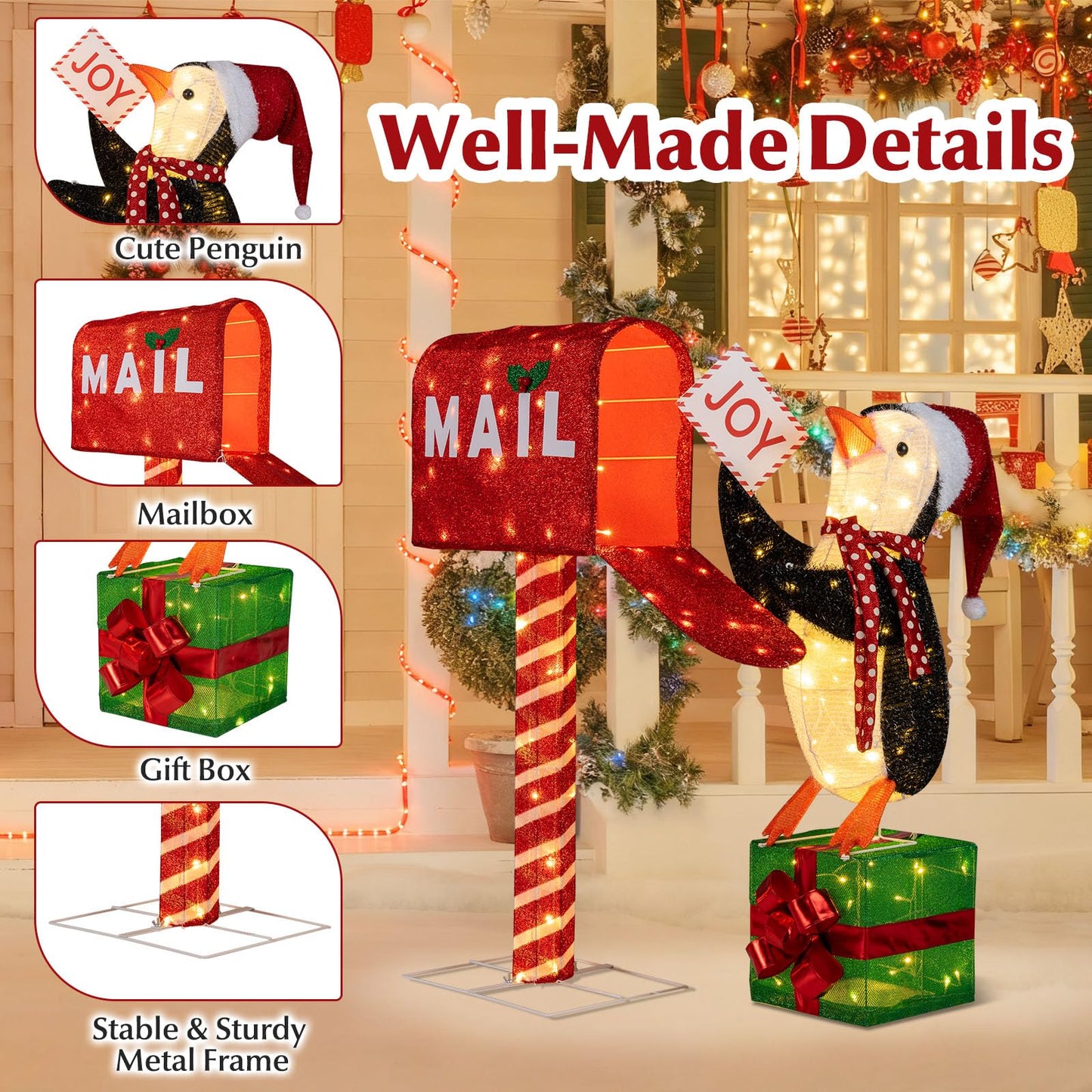 Tangkula Christmas Lighted Mailbox & Penguin for Home Lawn Yard Garden Porch Party Indoor Outdoor