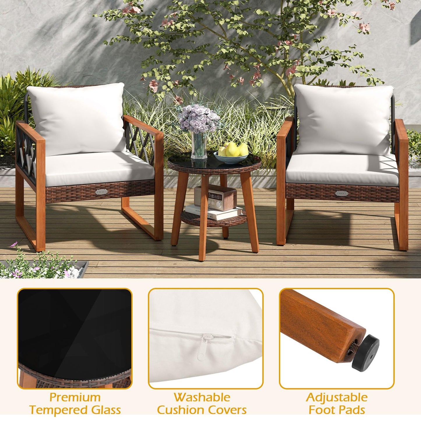 Ensemble de meubles de patio en osier Tangkula 3 pièces avec cadre en bois d'acacia