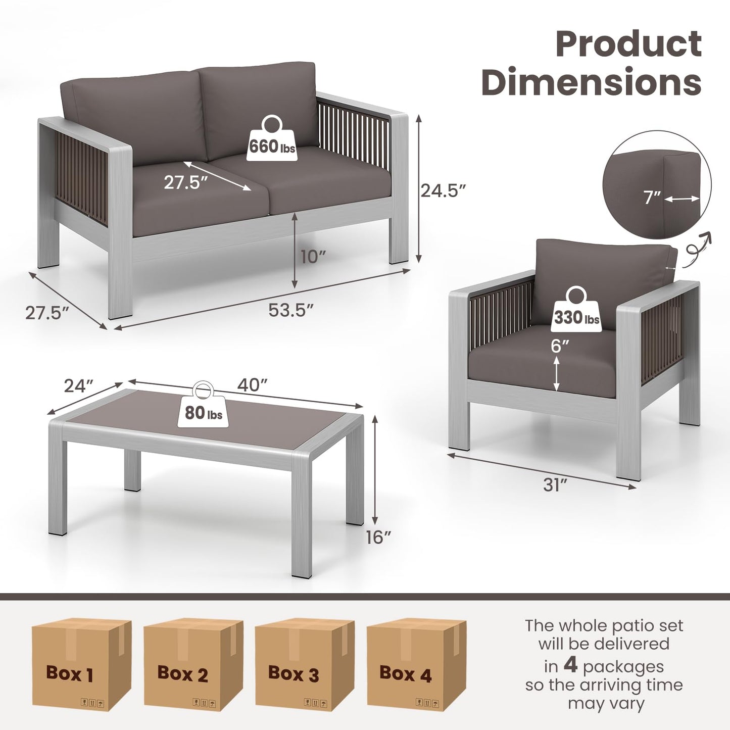 Tangkula 4 Pieces Aluminum Patio Furniture Set, Modern Outdoor Sectional Sofa Set (Gray)