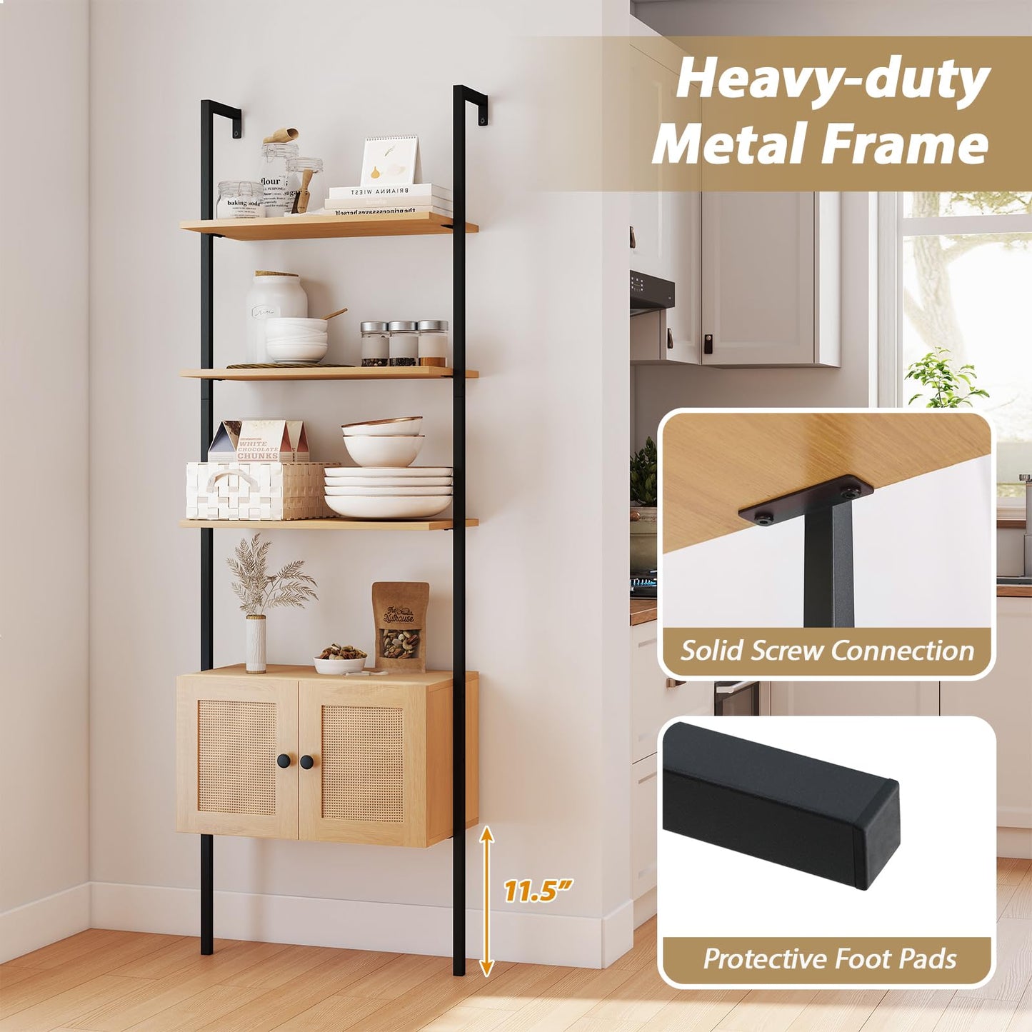 Tangkula Wall-Mounted Ladder Shelf Boho 5-Tier Bookshelf(1/2)