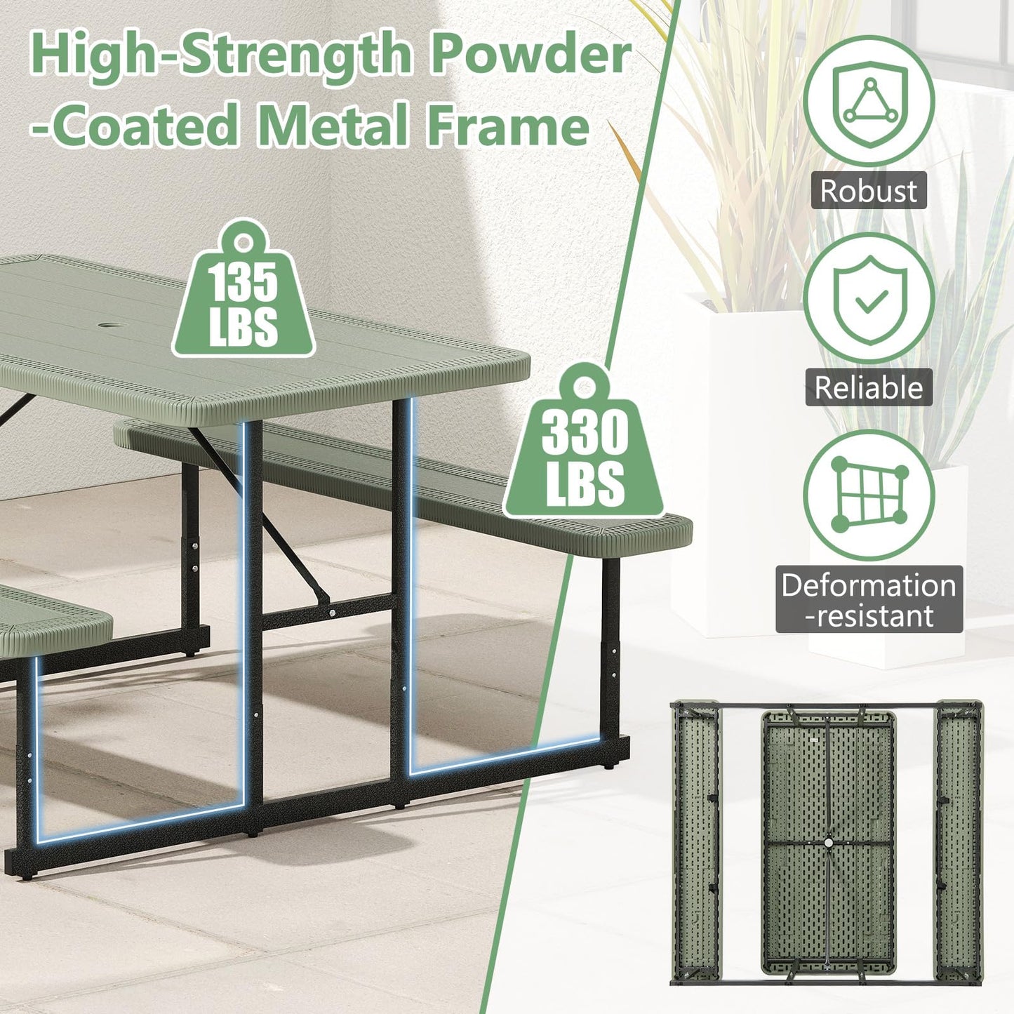Tangkula HDPE Outdoor Rectangular Table Bench Set with 2 Built-in Benches