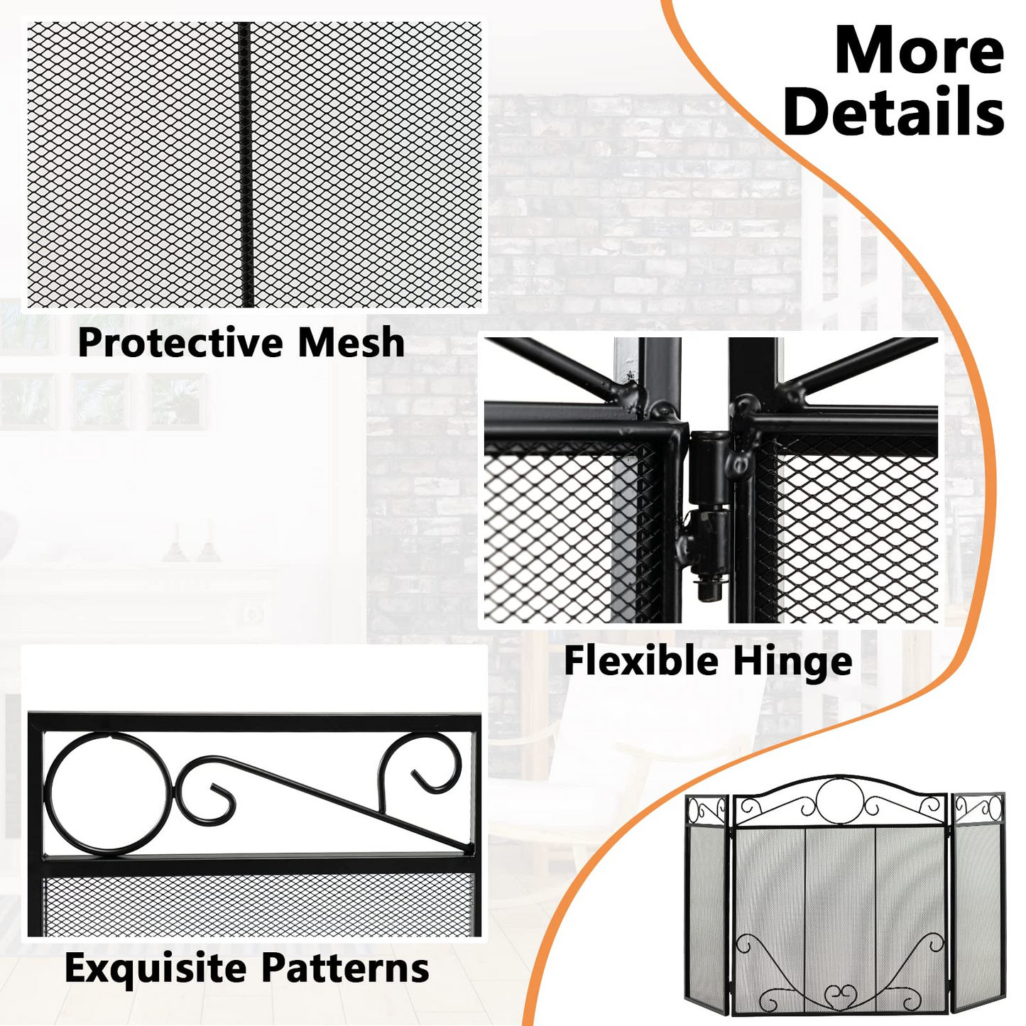 Tangkula 50 x 29 Inches 3-Panel Heat-Resistant Metal Mesh Fireplace Screen