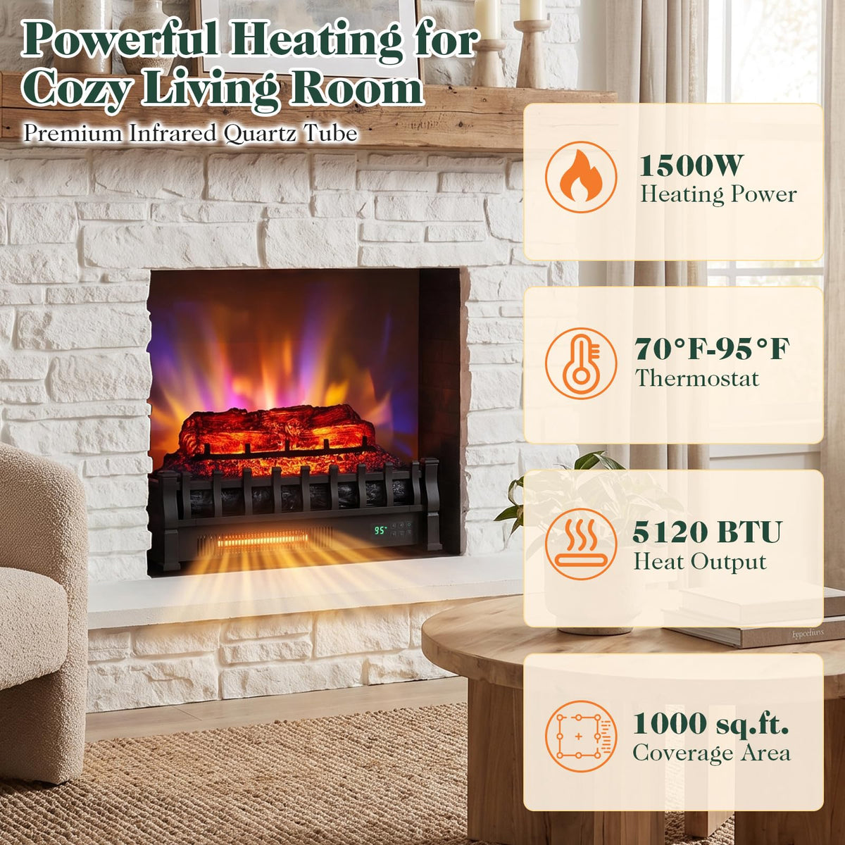 Tangkula 23" WiFi Fireplace Insert Pinewood Set with App and Remote