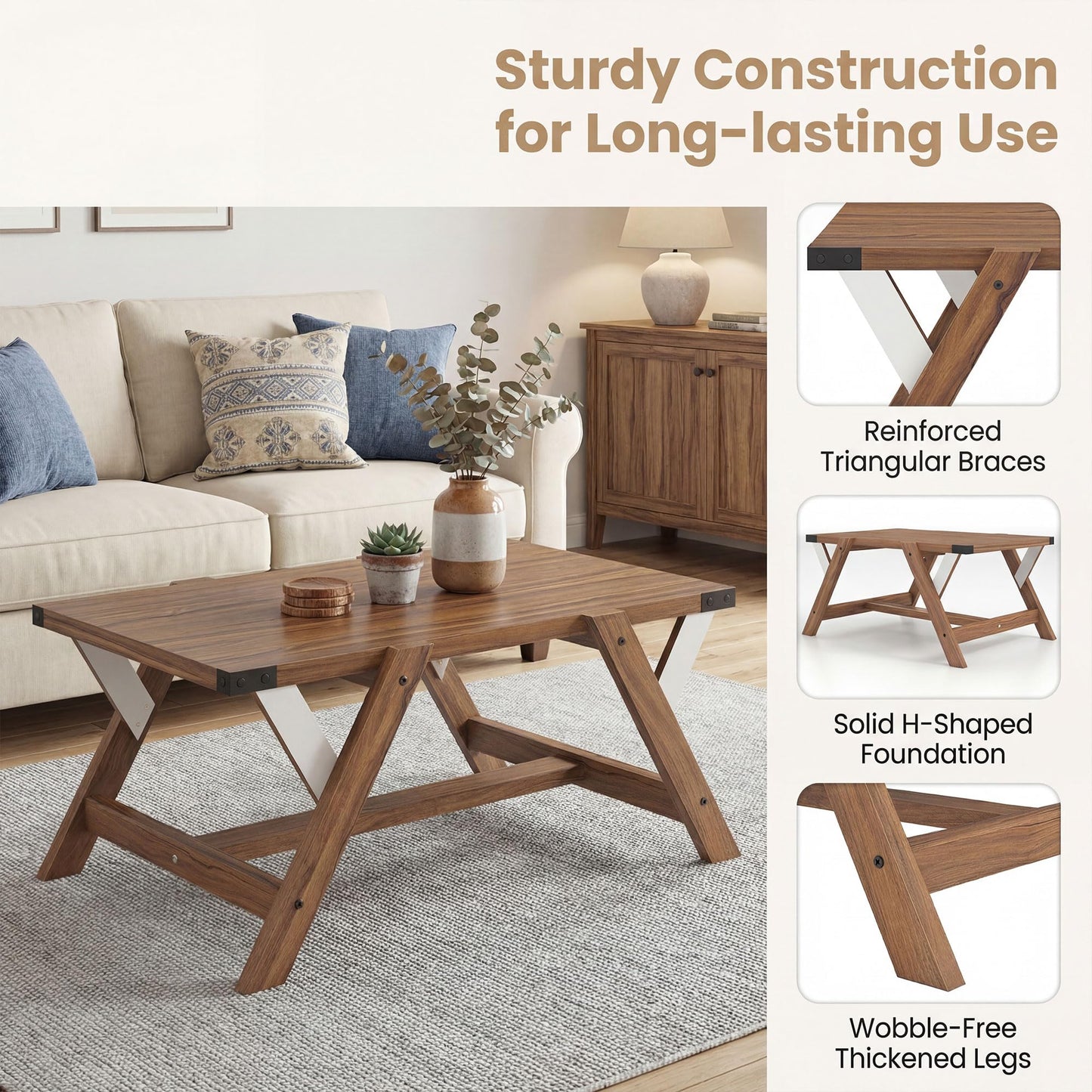 Tangkula Farmhouse 35.5-Inch Rectangle Wooden Coffee Table for Living Room