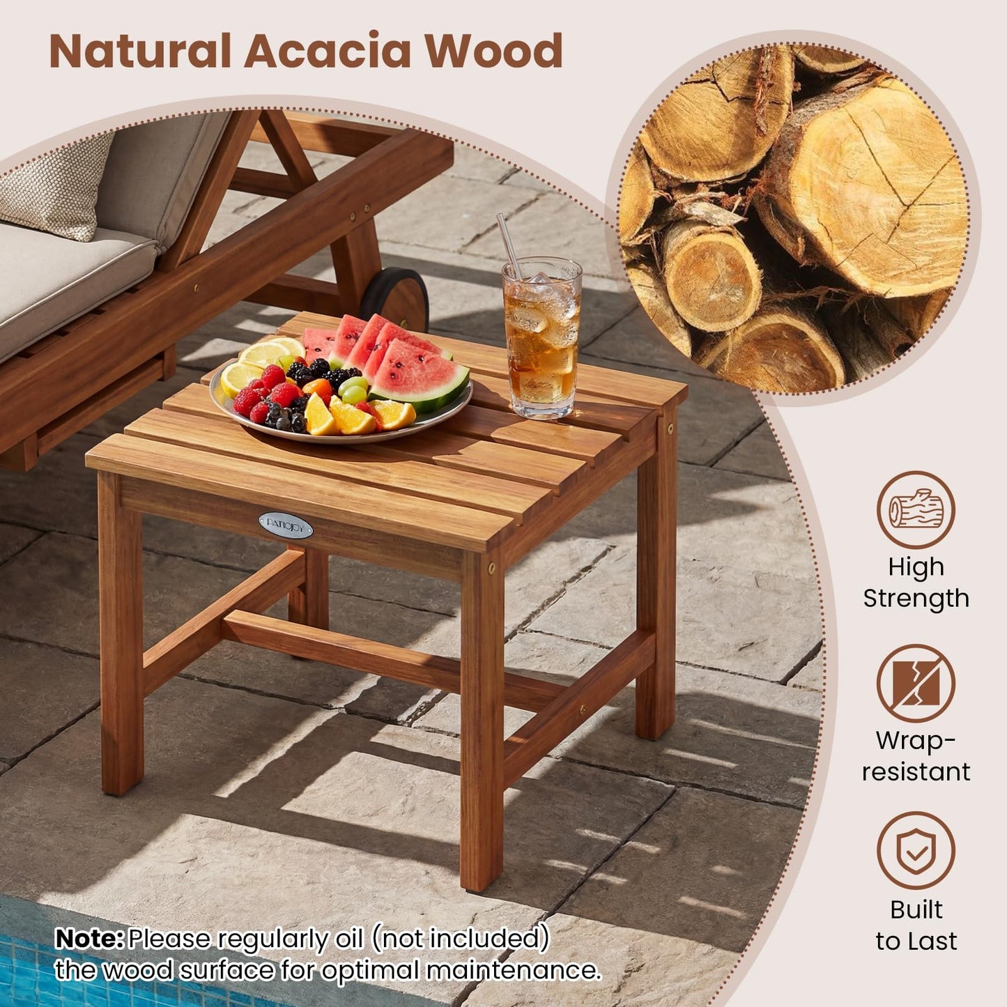 Tangkula 17" Patio Acacia Wood Side Table