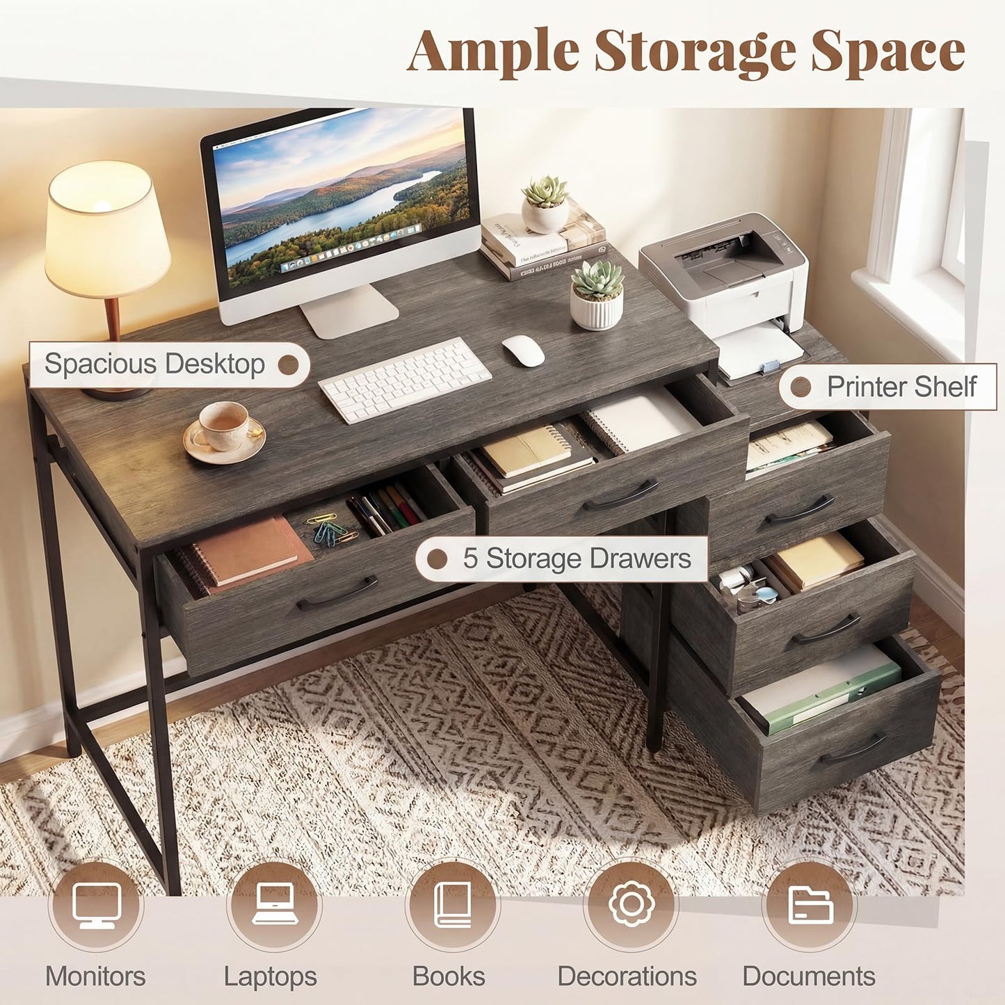 Tangkula Reversible Computer Desk with 5 Drawers (51-Inch)