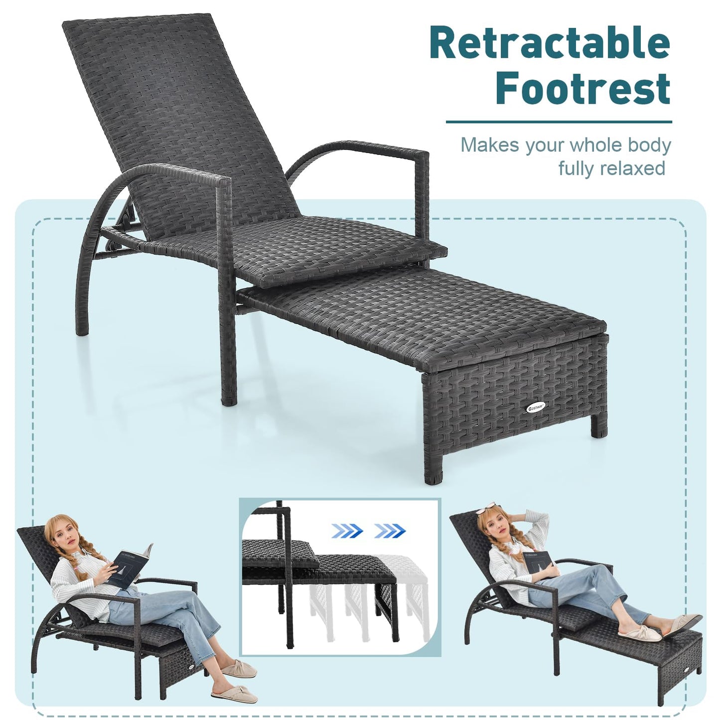 Tangkula Patio Chaise Lounge, Outdoor Rattan Lounge Chair with Retractable Ottoman