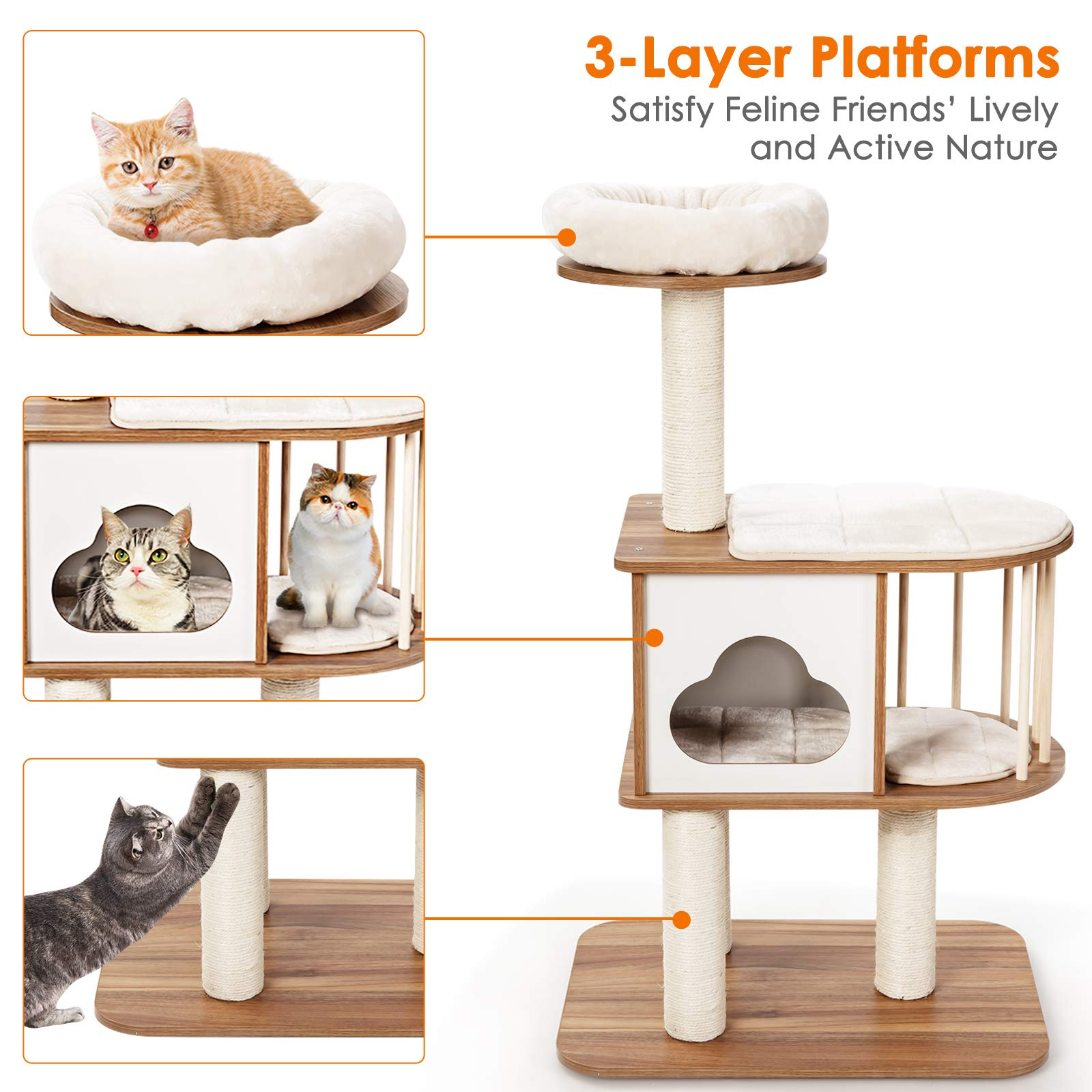 Modern Wood Cat Tree, 46 Inches Cat Tower with Platform - Tangkula