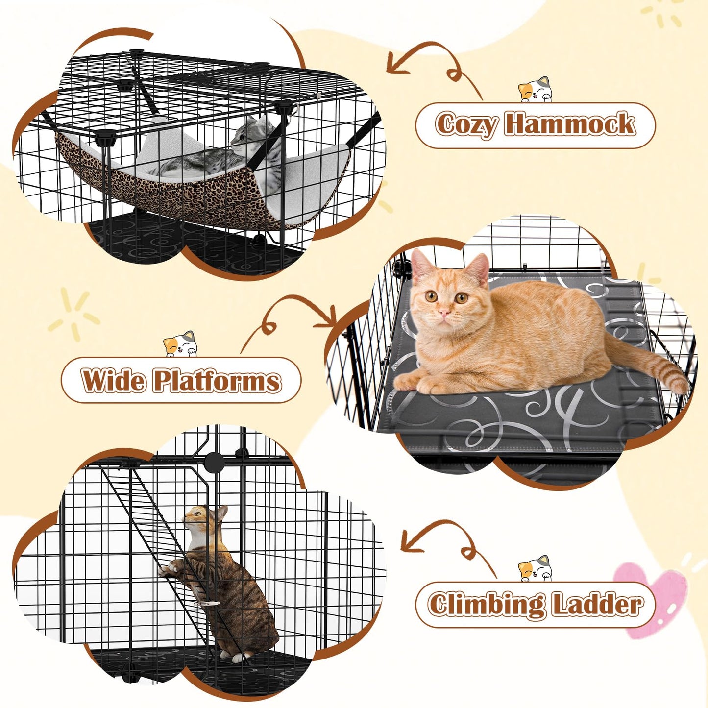 Tangkula Cat Cage Indoor 3-Tier Cat Enclosure with Skylight Hammock 2 Ladders