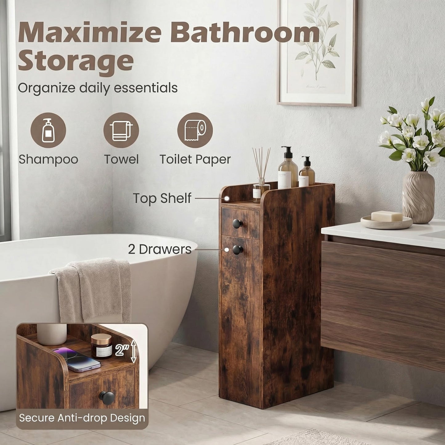 Tangkula Slim Bathroom Storage Cabinet | 4-Tier Narrow Small Side Storage Cabinet Next to Toilet