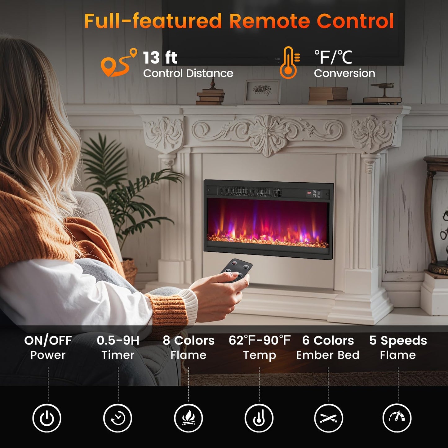 Tangkula 23” Electric Fireplace Insert Recessed 1500W Fireplace Heater with Remote Control