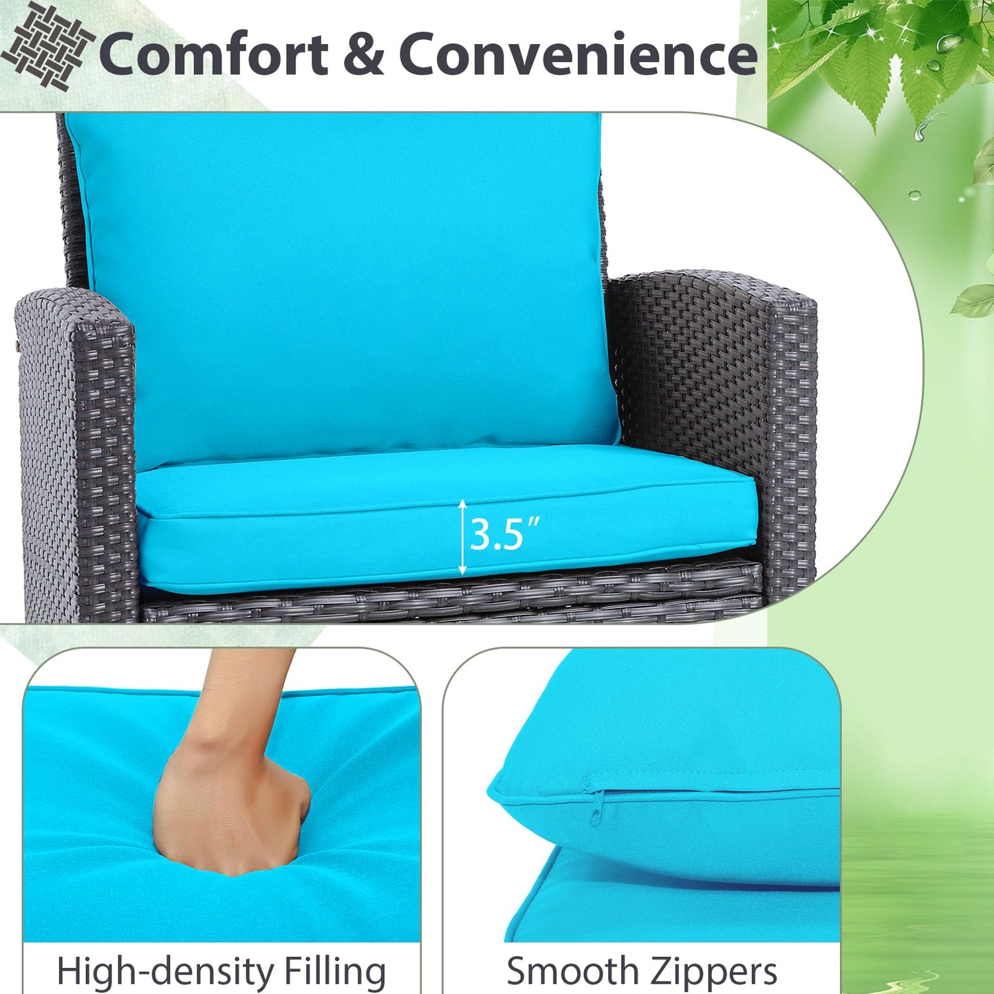 Tangkula 3 Pieces Patio PE Wicker Furniture Set with 4 Bonus Cushion Covers