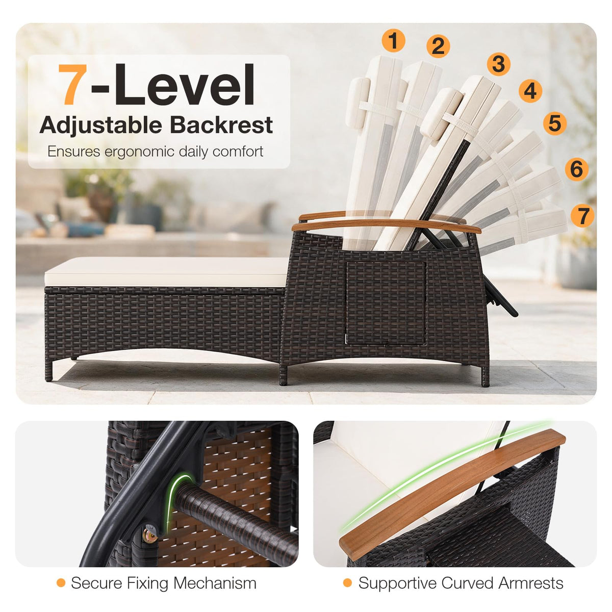 Tangkula Patio Chaise Lounge with 7-Level Adjustable Backrest