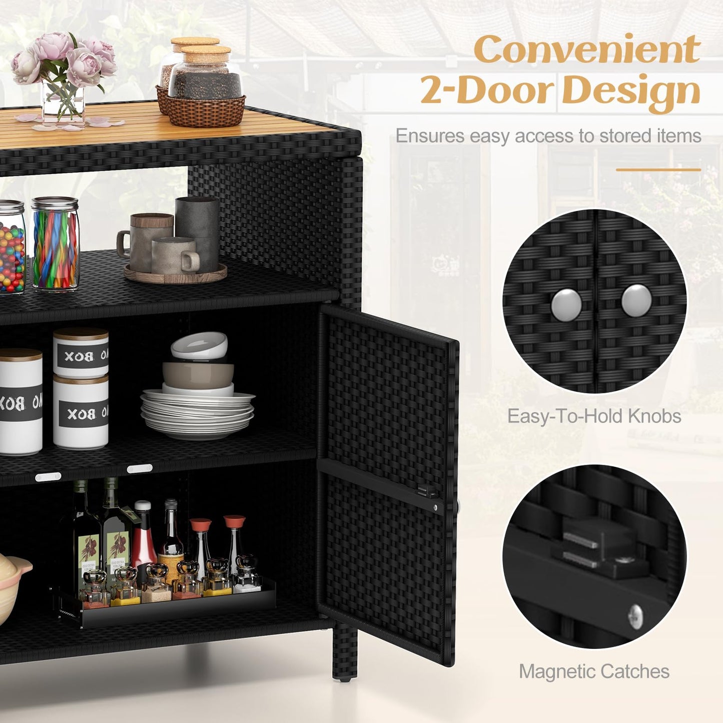 Tangkula Rattan Storage Cabinet, Outdoor Patiojoy Buffet Cabinet with Acacia Wood Countertop
