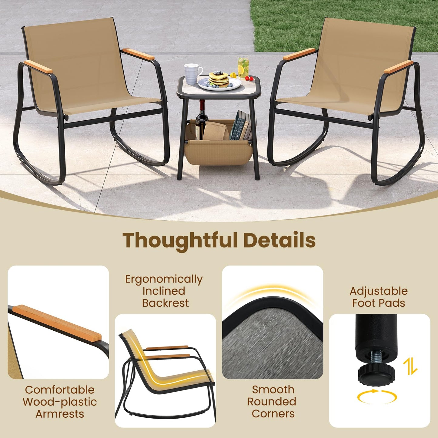 Tangkula 3 Piece Rocking Bistro Set Outdoor for Porch