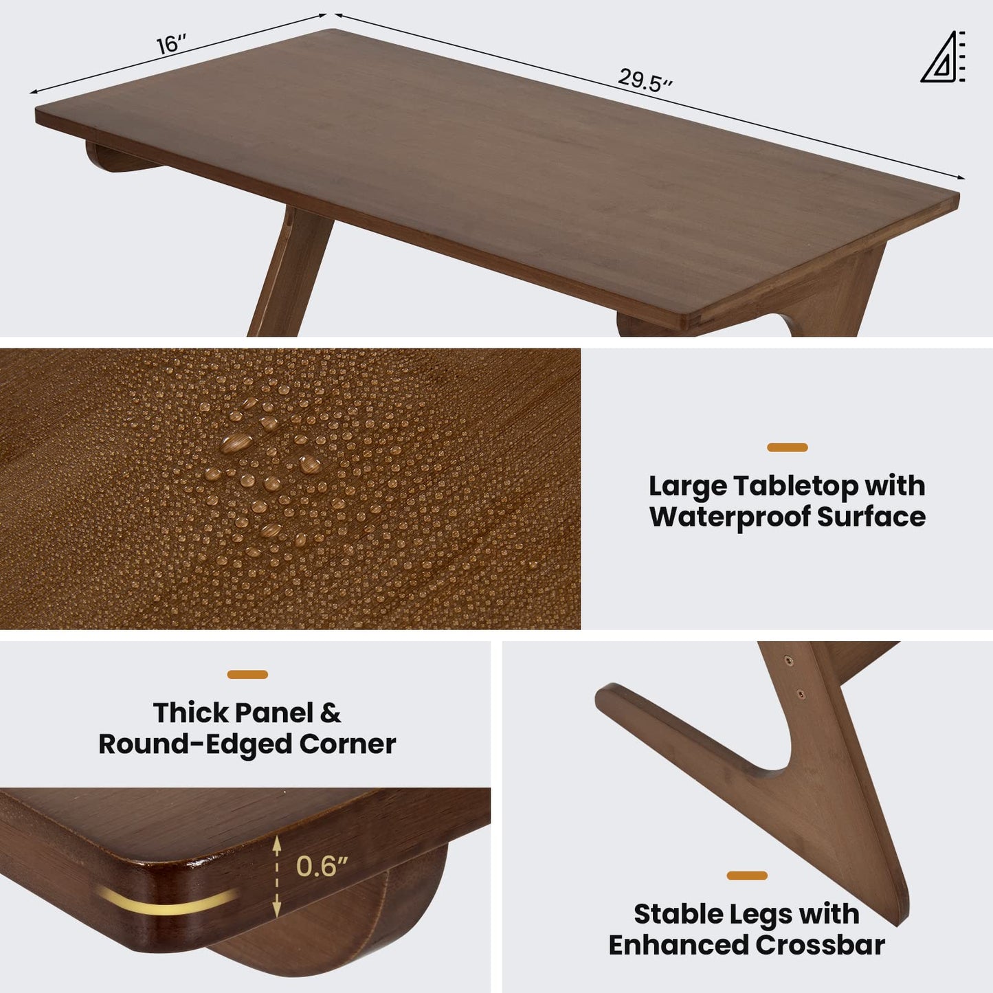 Bamboo TV Tray Sofa Side Table, Z-Shaped Couch Table with 29.5'' x 16'' Tabletop