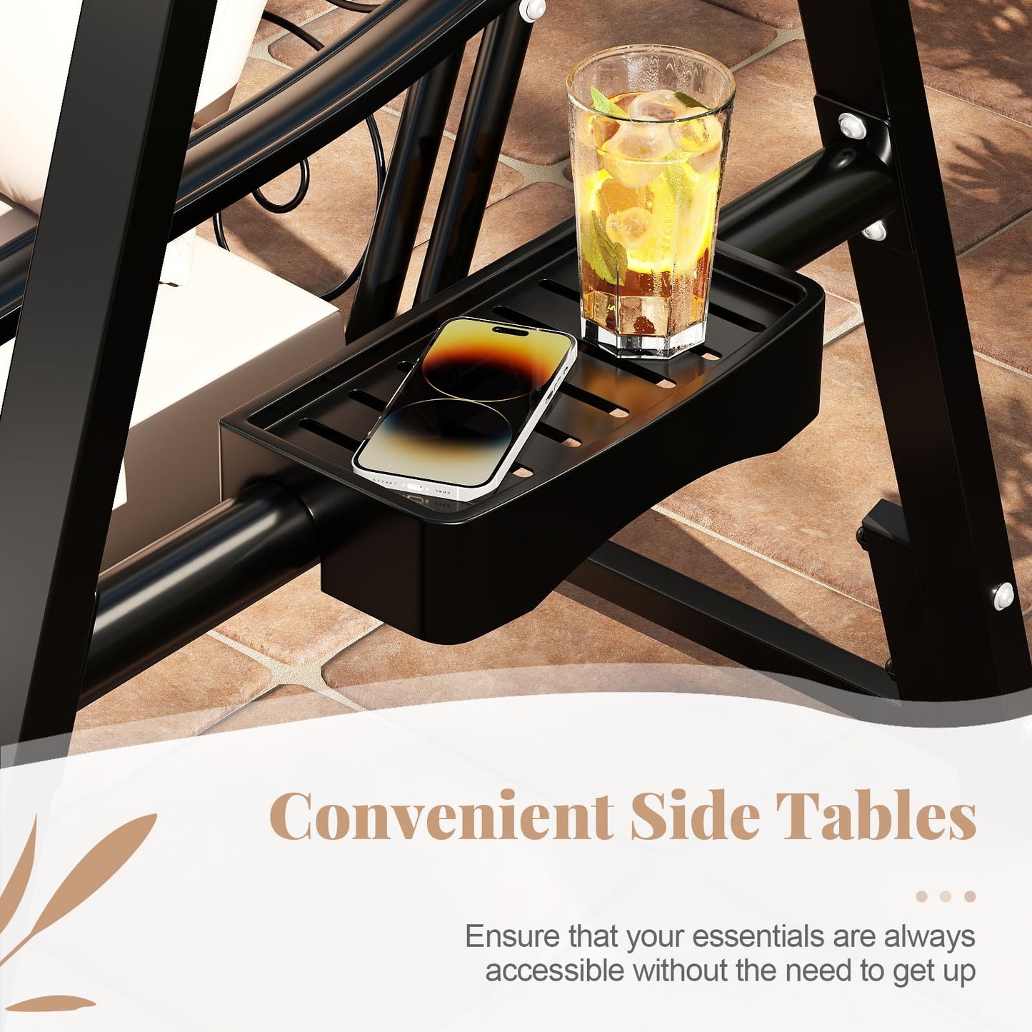 Balancelle de patio extérieure Tangkula avec cadre métallique robuste, coussins amovibles et tables d'appoint