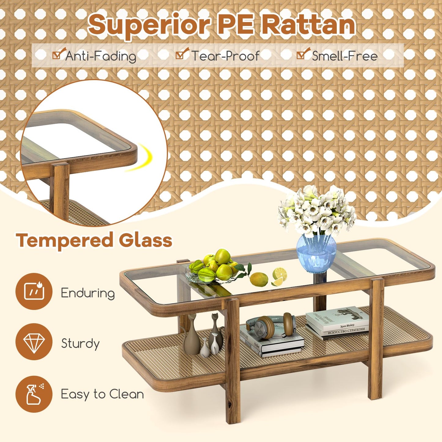 Tangkula Rattan Coffee Table 47.5”L Boho Cocktail Tables