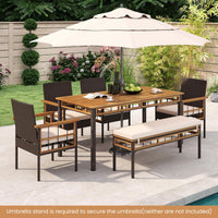 Tangkula Ensemble de 6 meubles de salle à manger d'extérieur avec trou pour parasol de 5 cm, banc sans dossier rembourré et 4 fauteuils