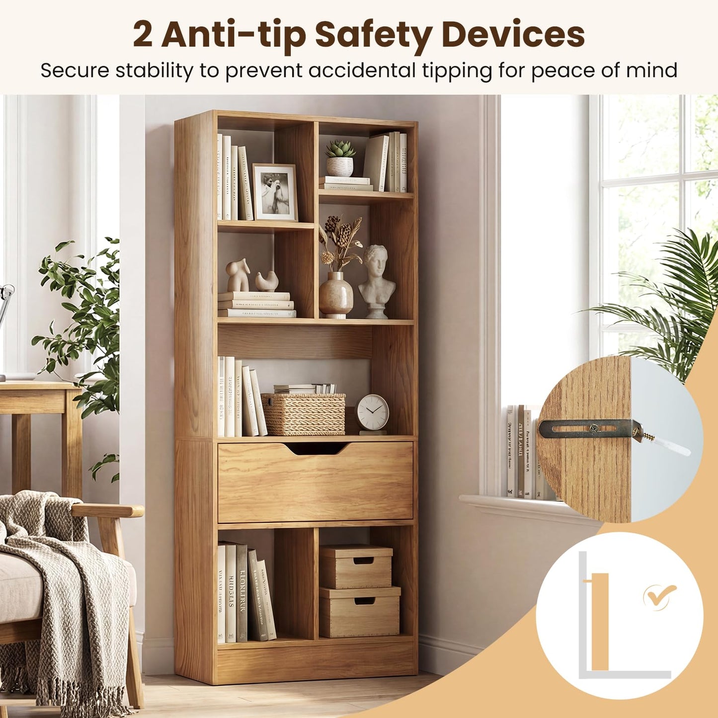 Tangkula 51” Tall Open Bookcase with Drawer 7-Cube Display Storage Cabinet(1/2)