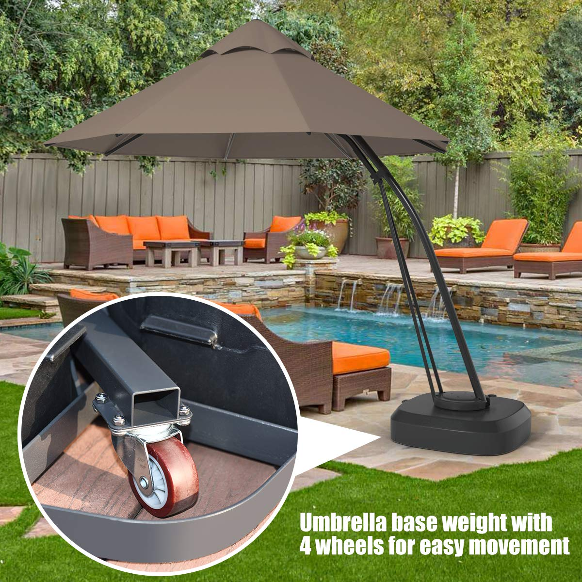 Tangkula 11 FT Offset Patio Umbrella, Aluminum Frame Double Top Hanging Umbrella with Weight Base