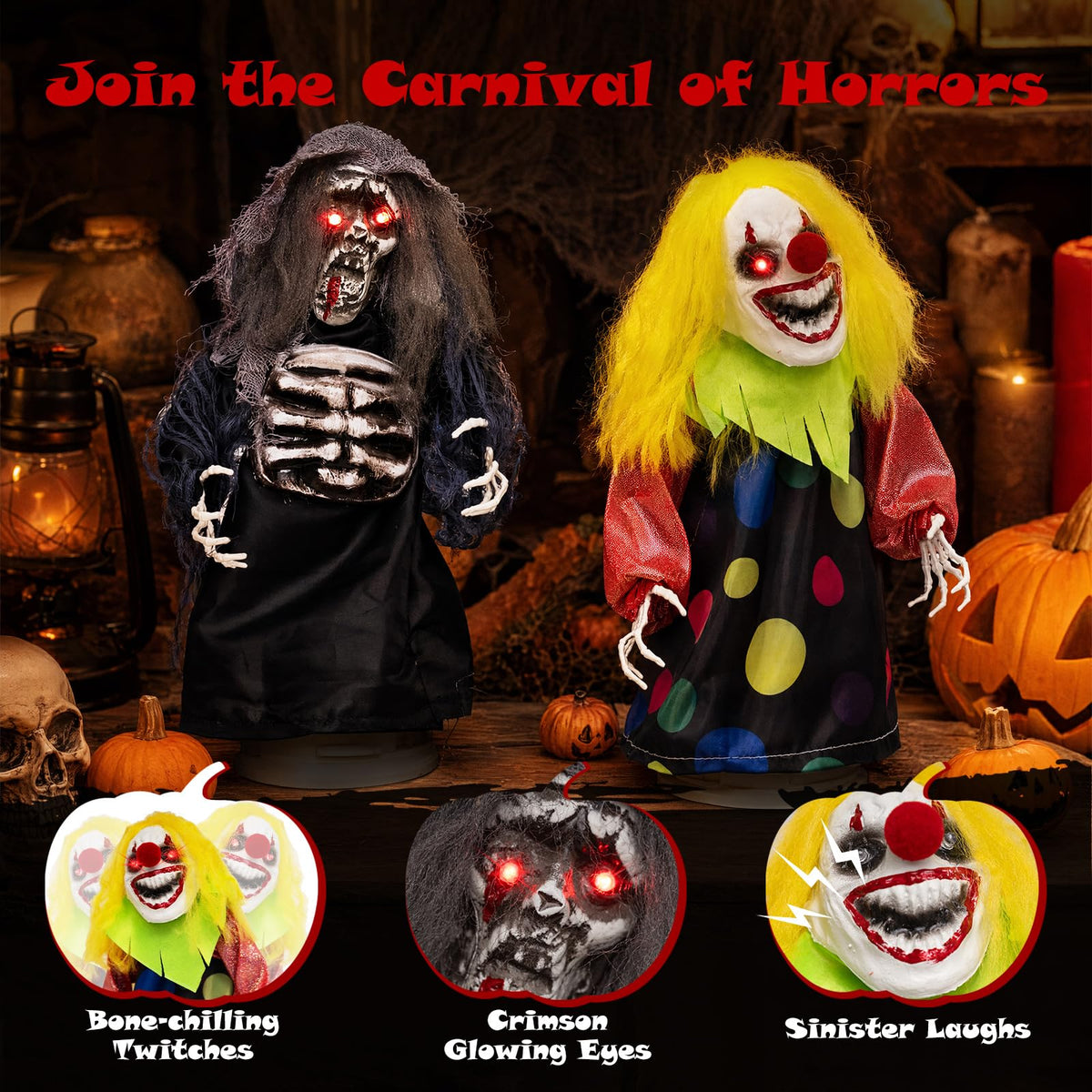 Tangkula 2 Pack Halloween Animated Tabletop Clown & Grim Reaper Decorations