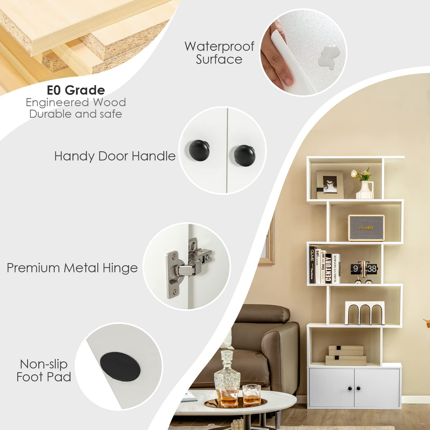 Tangkula S Shaped Bookshelf with Cabinet, 6-Tier Bookcase with Doors, Freestanding Geometric Bookshelves for Living Room