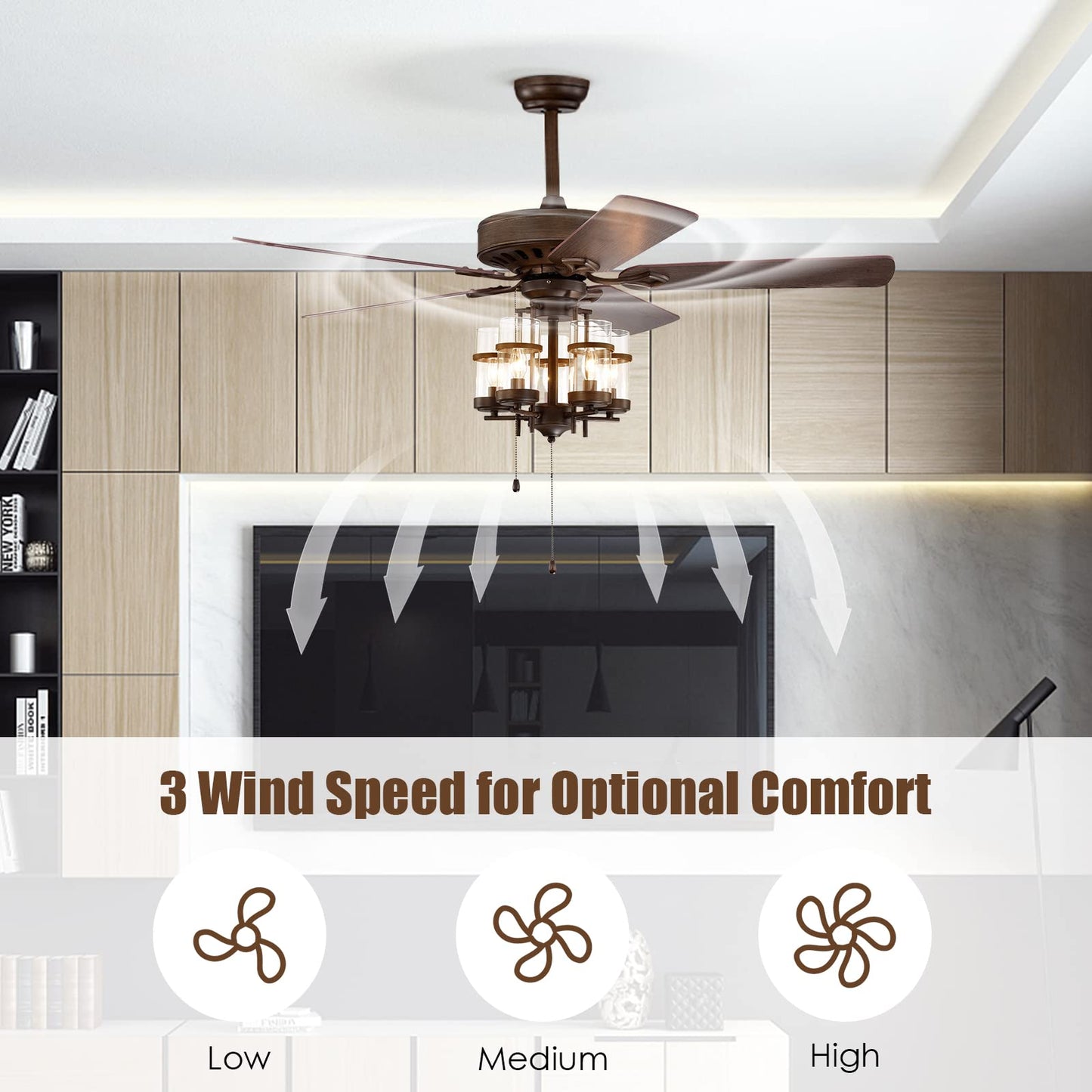 Tangkula 50 Inch Ceiling Fan Light with 5 Explosion proof Glass Lampshades