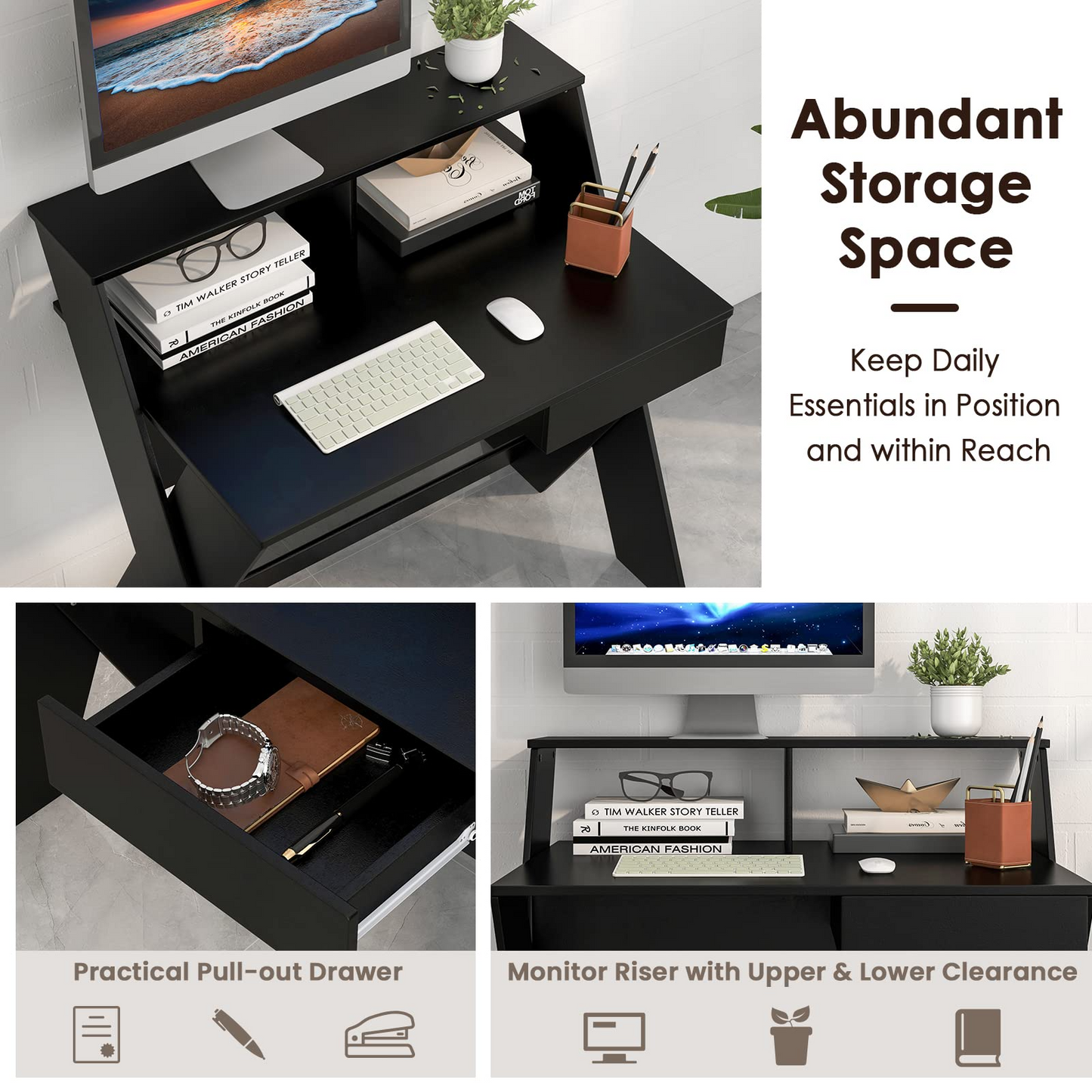 Tangkula Computer Desk with Storage Drawer, Small Writing Desk with Monitor Stand Riser
