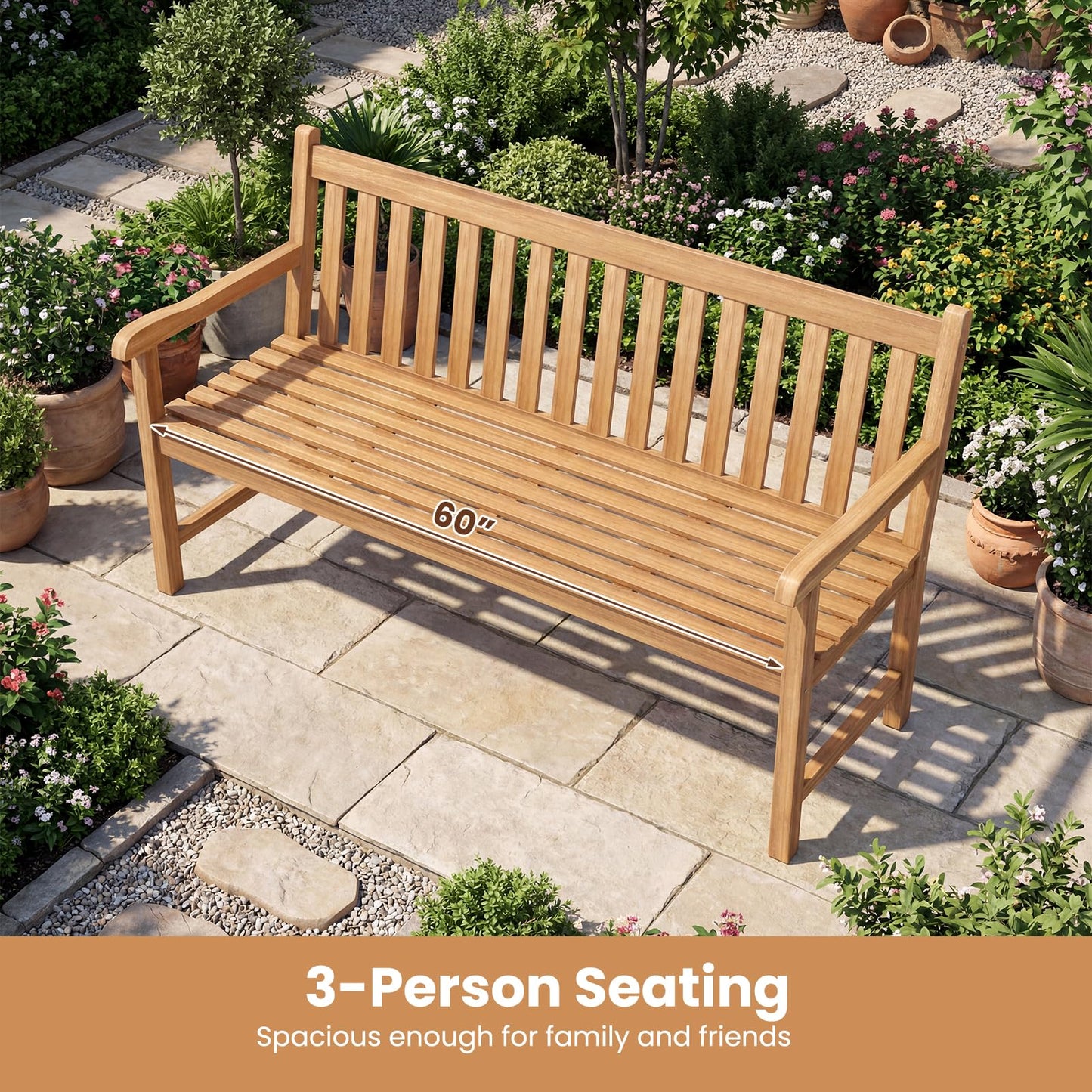 Tangkula Teak Wood Outdoor Bench with Armrests and Backrest
