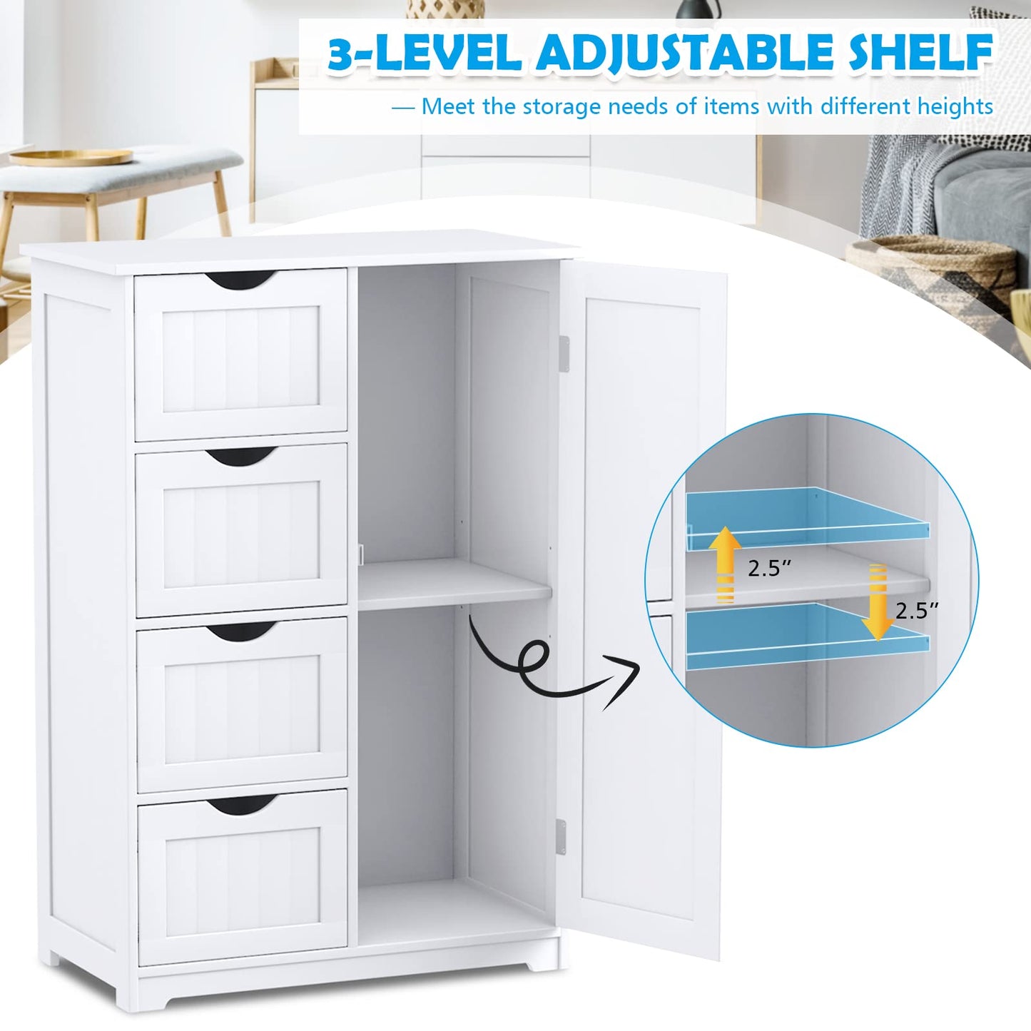 Bathroom Floor Cabinet, Free Standing Storage Cabinet with 4 Drawers & Single Door, 22 x 12 x 32 Inches