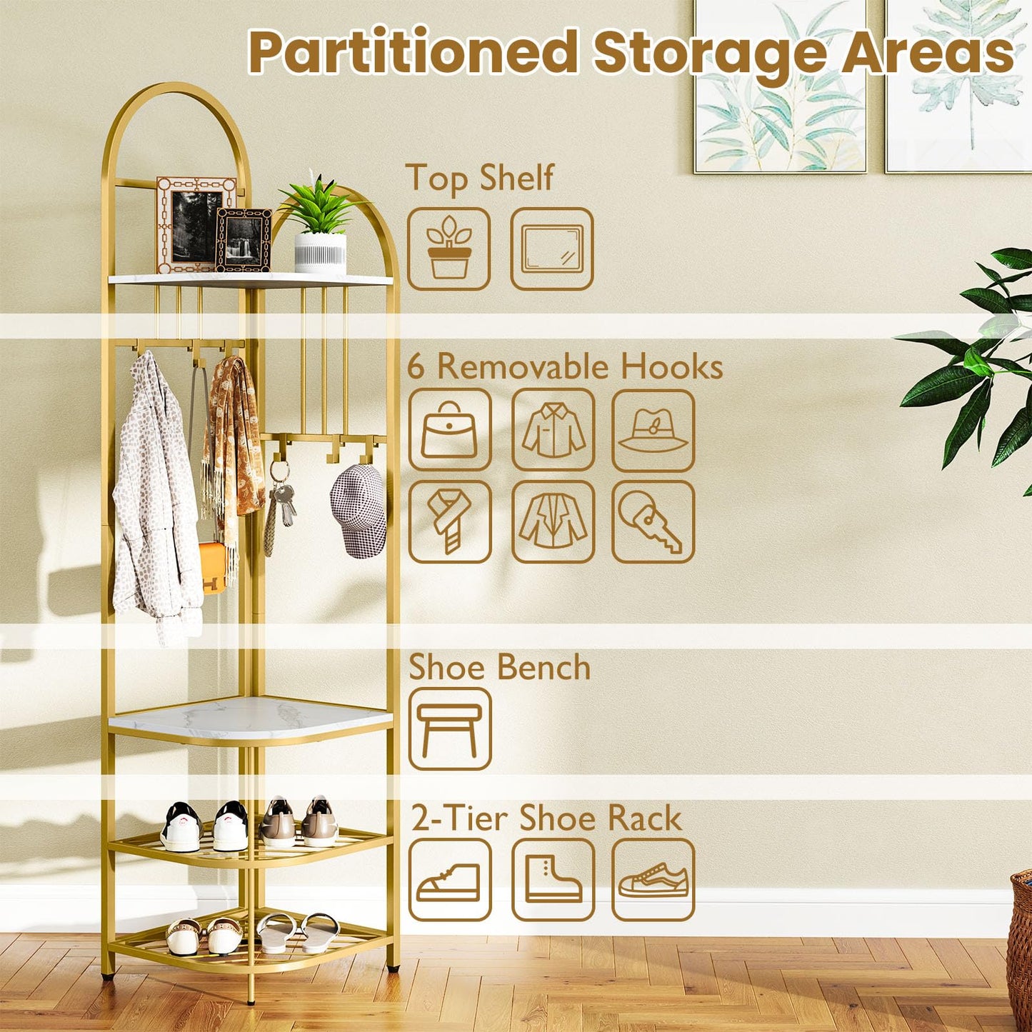 Tangkula 4-Tier Coat Rack Corner Hall Tree with Shoe Storage Bench