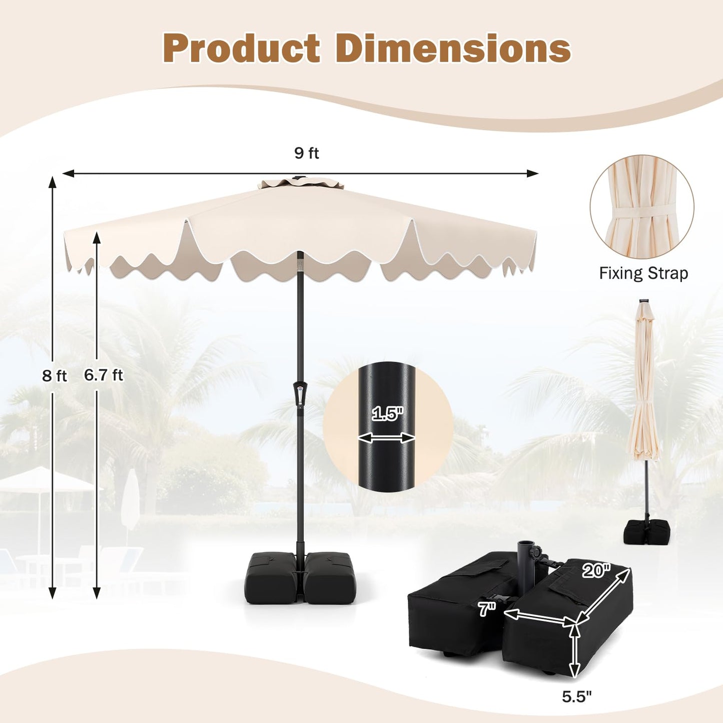 Tangkula 9 FT 2-Tiers Outdoor Scalloped Table Umbrella with Base Included