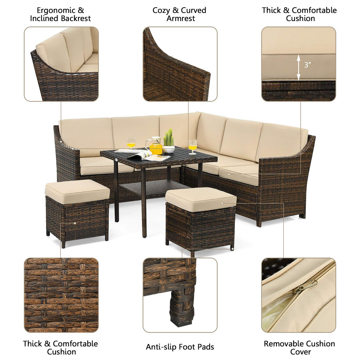 Tangkula Wicker Outdoor Dining Set, 6 Piece PE Rattan Wicker Sectional Corner Sofa Set with Dining Table, 2 Ottomans, Suitable for Garden
