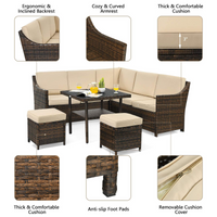 Tangkula Wicker Outdoor Dining Set, 6 Piece PE Rattan Wicker Sectional Corner Sofa Set with Dining Table, 2 Ottomans, Suitable for Garden