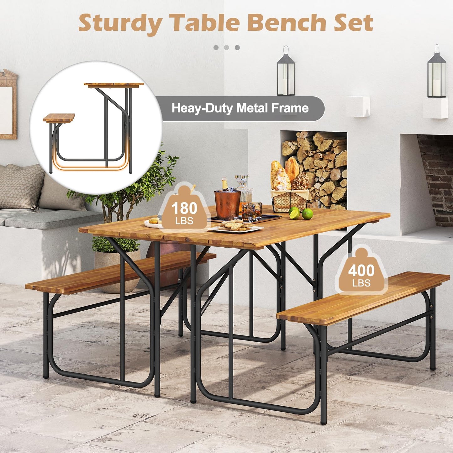 Tangkula Heavy-Duty Outdoor Acacia Wood Dining Bench Set