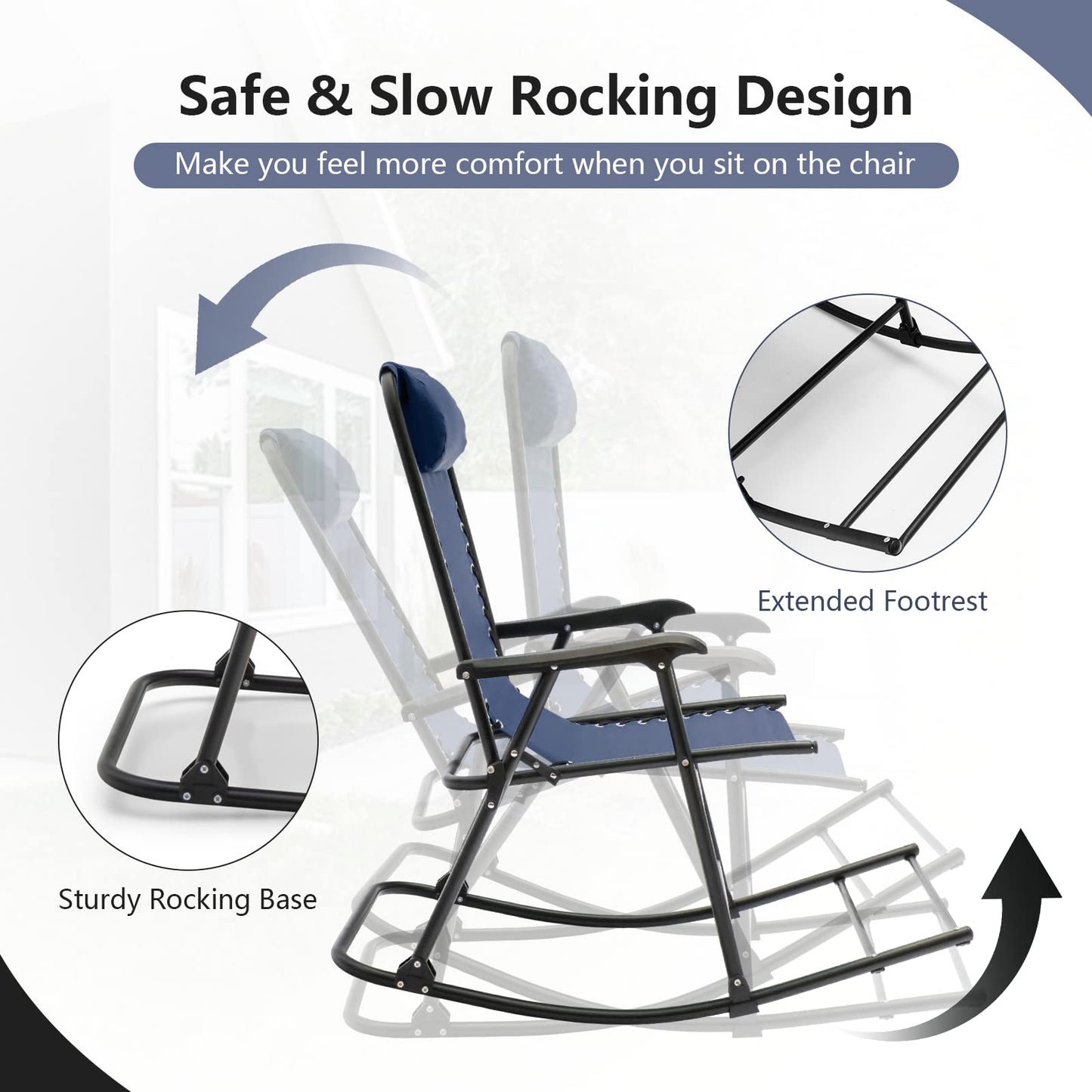 Outdoor Folding Rocking Chair, No Assembly Required, Foldable Rocker Recliner with Headrest