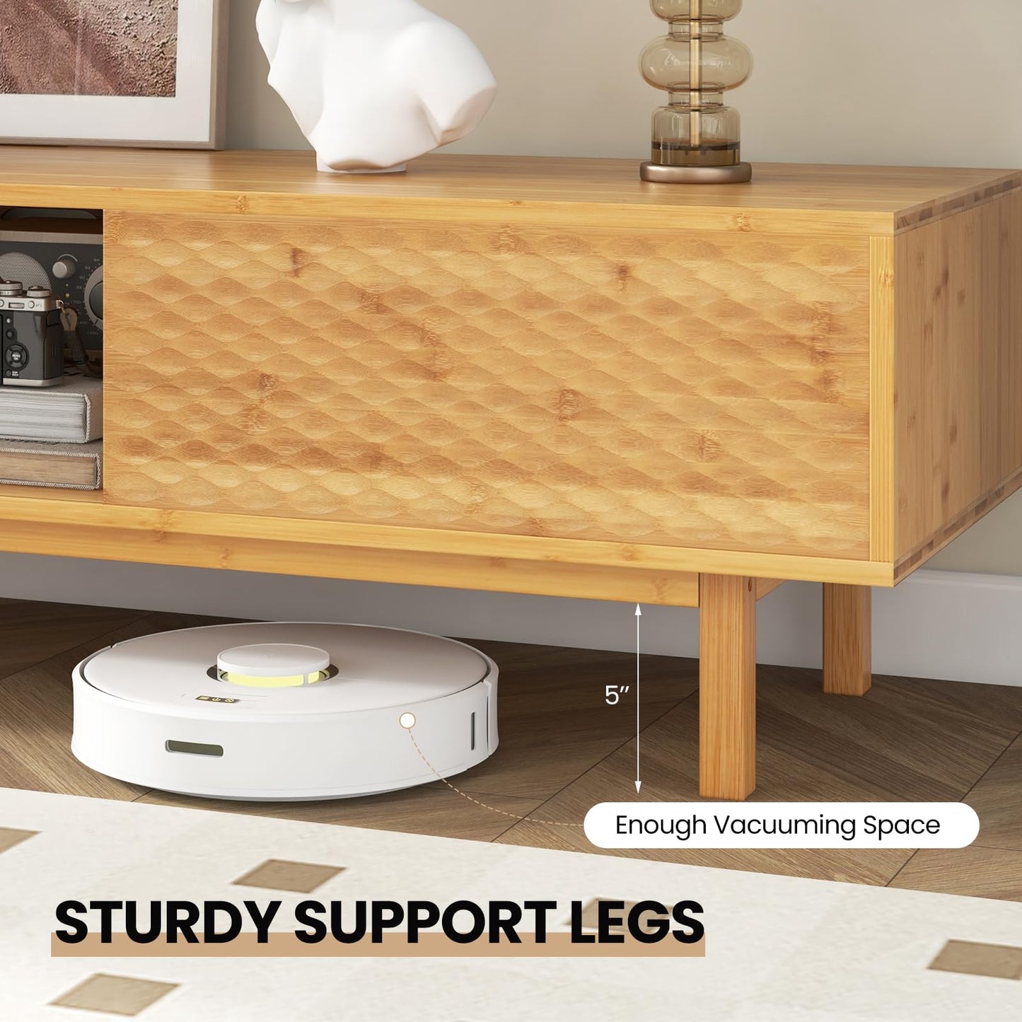 Tangkula Bamboo TV Stand for 65” 70” TVs