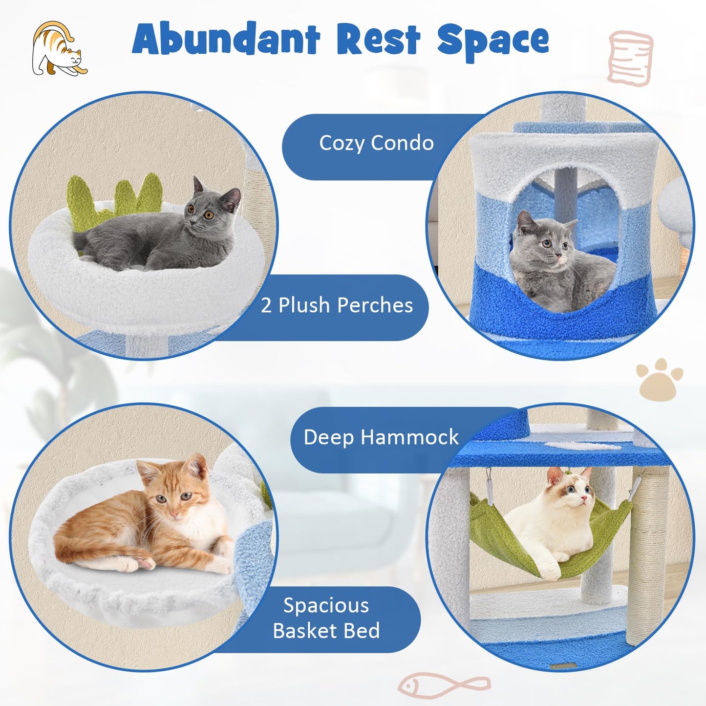 Tangkula Ocean-Themed Cat Tree, Multi-Level Cat Tower with Sisal Scratching Posts, 65"